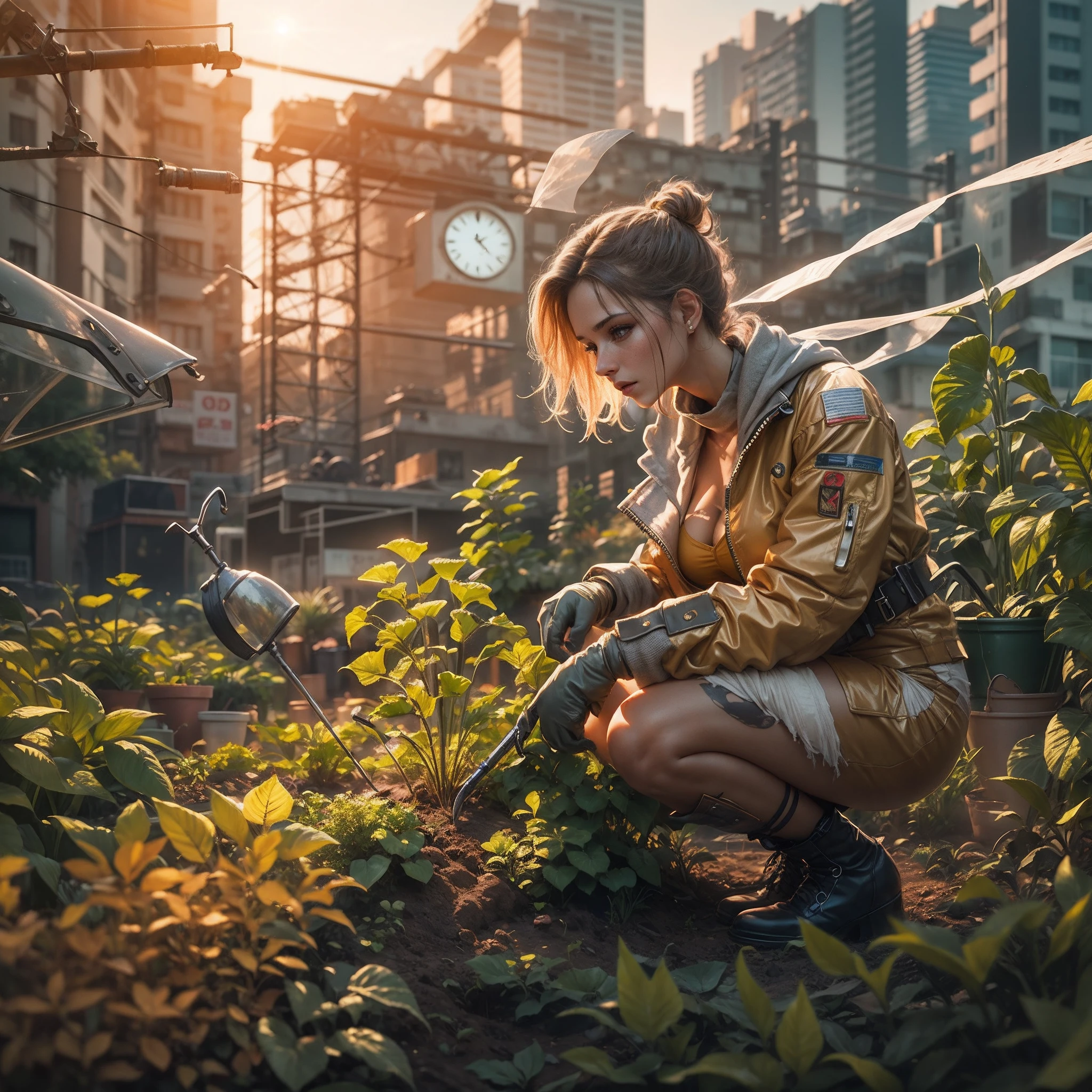 A beautiful woman gardening, futuristic clothes, dystopian city background, cinematic, soft lighting, golden hour