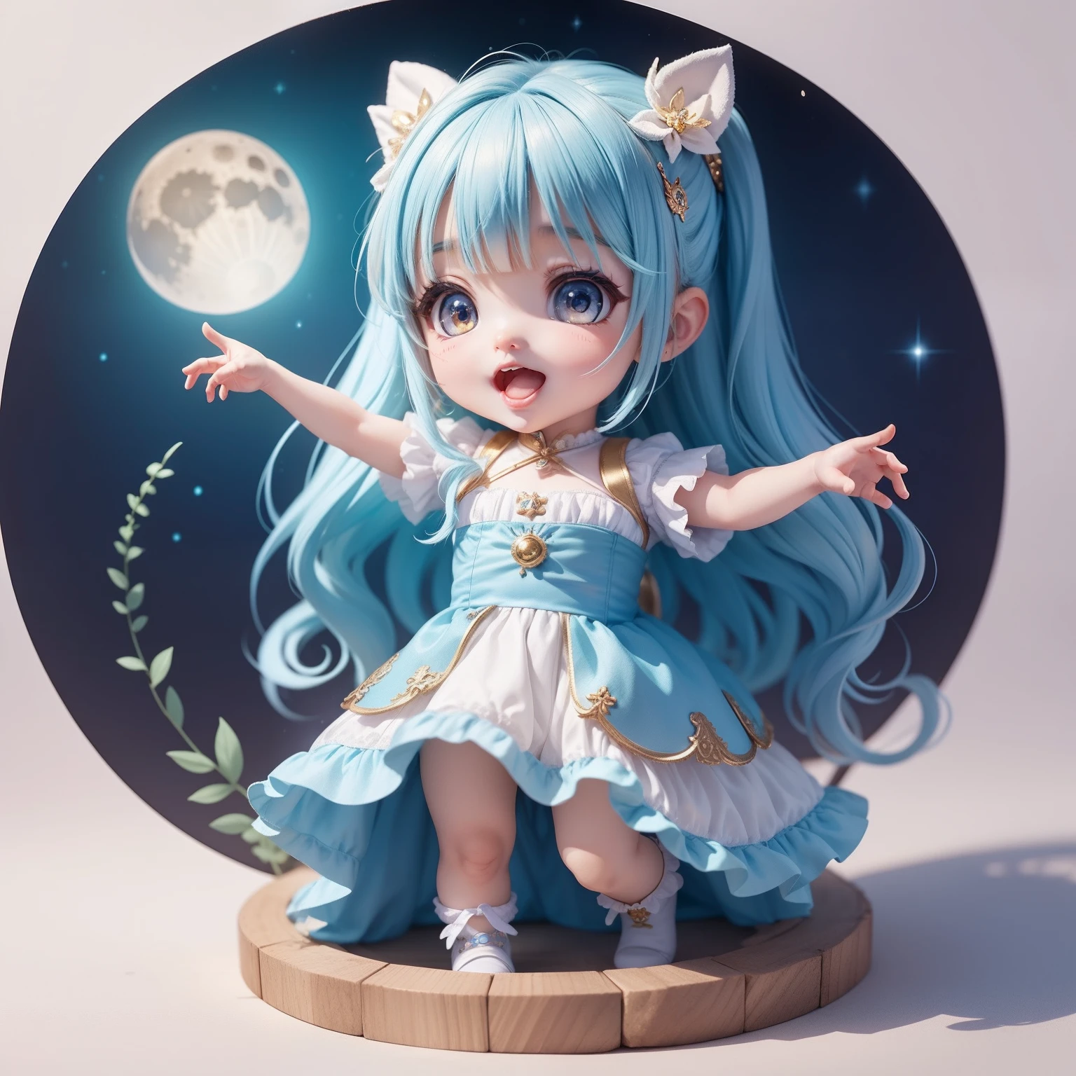 Cute Baby Chibi Anime,（（（Super masterpiece、top-quality、ultra-detailliert、女の子1人、Chibi：1.5））、Costumes reminiscent of the galaxy、Opens mouth and laughs、The background is a fairytale country、(Super Blue Moon:1.2)