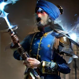 Blue turban, military costum outfit, holding sword