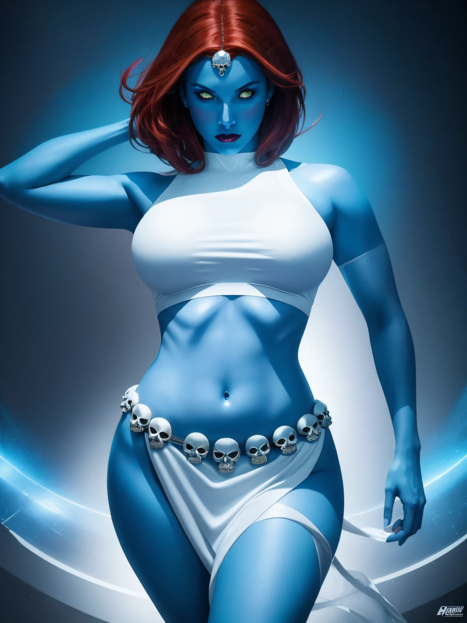 "Beautiful masterpiece with the best quality and perfect lighting. A stunning image featuring Mystique, a 1girl character with blue skin, wearing a white dress and a skull belt. The pose should be sexy and dynamic, with foreshortening and a sense of depth."