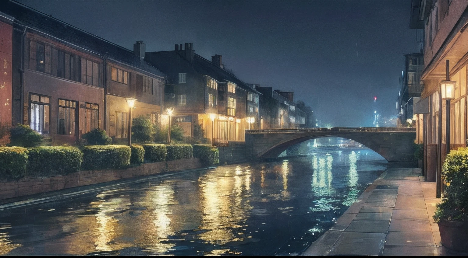 It's raining on a dim night in the city。The illumination is beautiful, however、Where is it lonely　The candlelight is gentle　The river is flowing