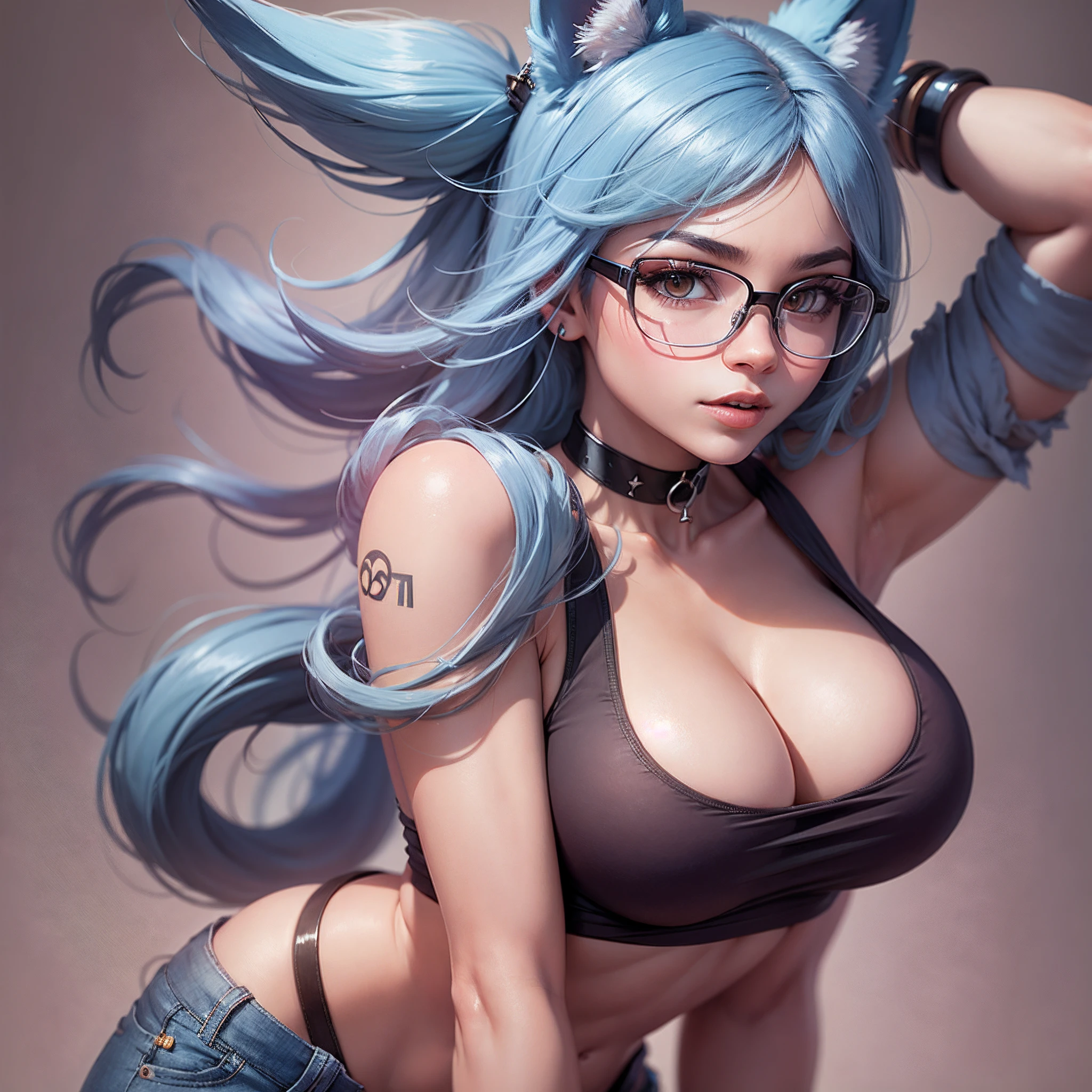 Lucario humanized, with white tank top, short jeans, glasses, choker, glasses, female, tiny boobs --auto --s2