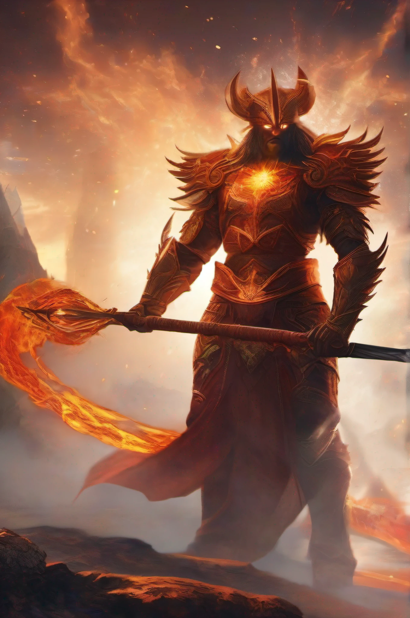 Ele possui uma pele de tons avermelhados, como brasas incandescentes, with sparks of fire dancing on its surface. His presence is shrouded in an aura of warmth and energy.
Ignarok's head is crowned by living flames that never go out, and his eyes are incandescent, como duas esferas de fogo intenso, who shine with wisdom and passion.
He wears armor forged in the depths of volcanoes, reluzindo em tons de laranja e vermelho, com detalhes que lembram chamas e lava em constante movimento.
In his right hand, ele empunha um martelo de forja feito de metal incandescente, which is an extension of his creative and destructive will. on his left hand, segura uma espada de chamas, which represents his dominion over fire.