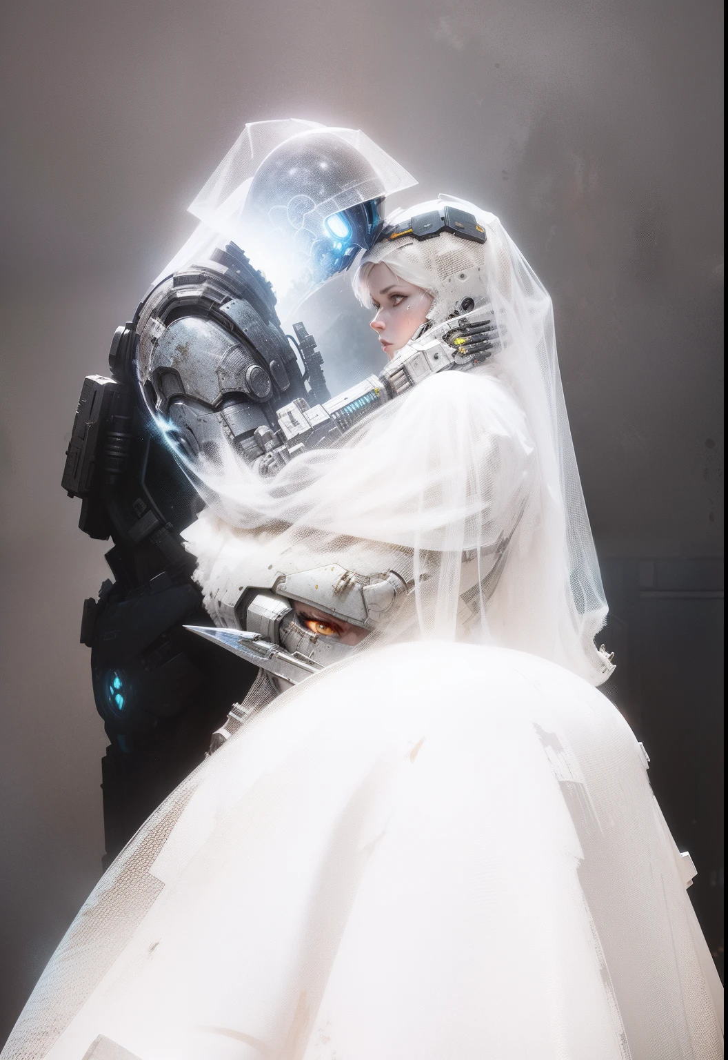 a full body concept character post apocalyptic warframe mecha kitbash albino female by greg rutkowski and norman rockwell and alphonse mucha octane render masterpiece, trending on artstation, behance, cgsociety, extremely detailed, amazing, beautiful, rainbow colors, high definition, world renowned, ps5