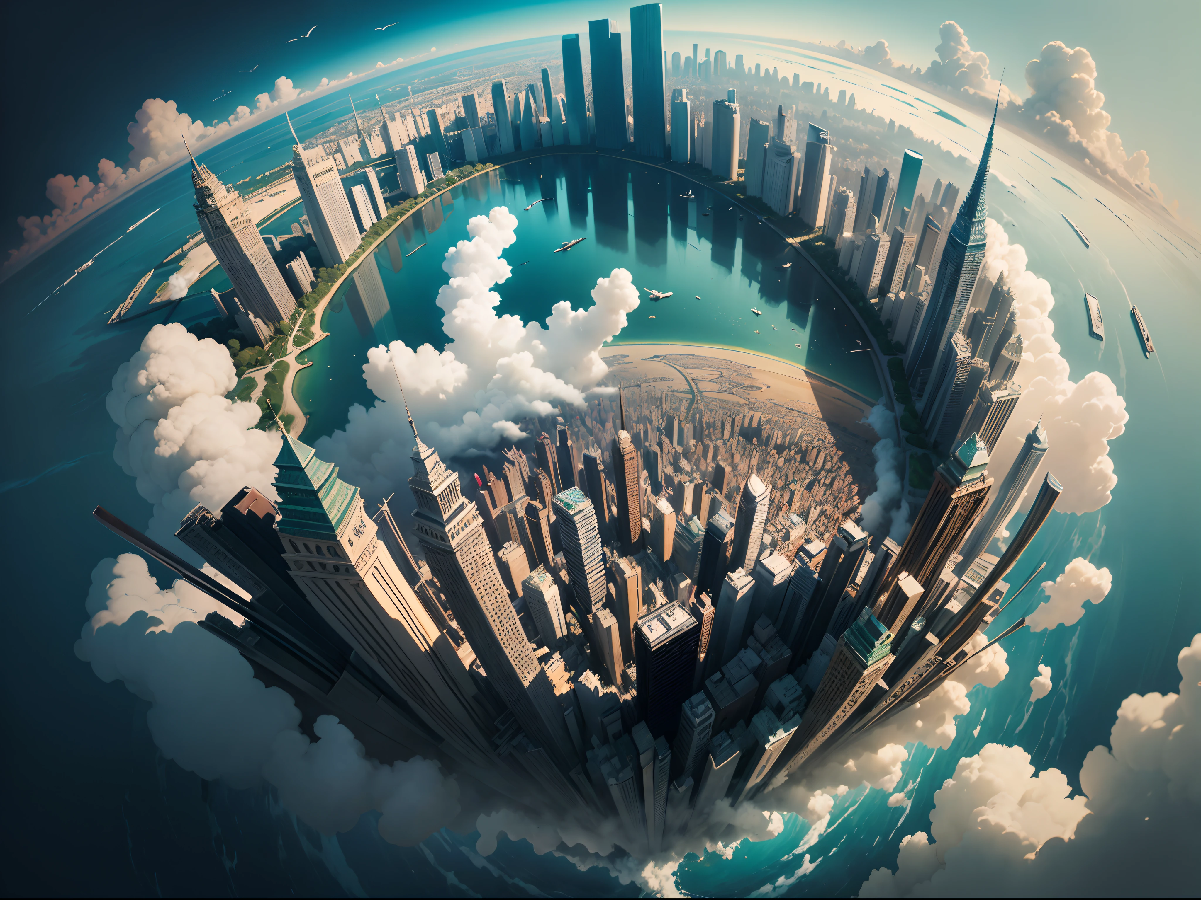 "({Masterpiece}), Impeccable quality, Ultra-detailed drawing techniques, Stunning views of the world's cities and natural landscapes, Use dynamic perspective and high angles,viewed from bird's-eye,to create scenes floating in the air,Above the clouds,Around the city,Fisheye effect"