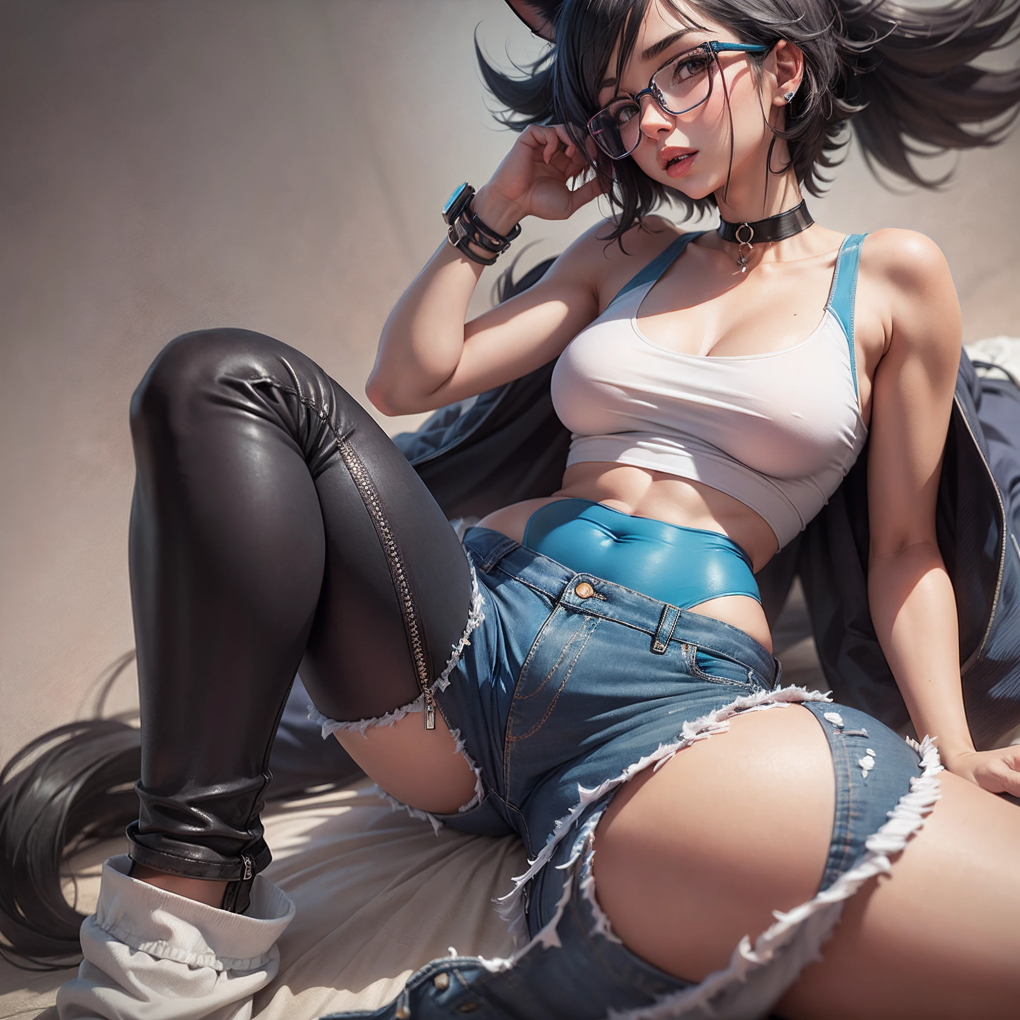 Lucario humanized, with white tank top, short jeans, glasses, choker, glasses, female, tiny boobs --auto --s2