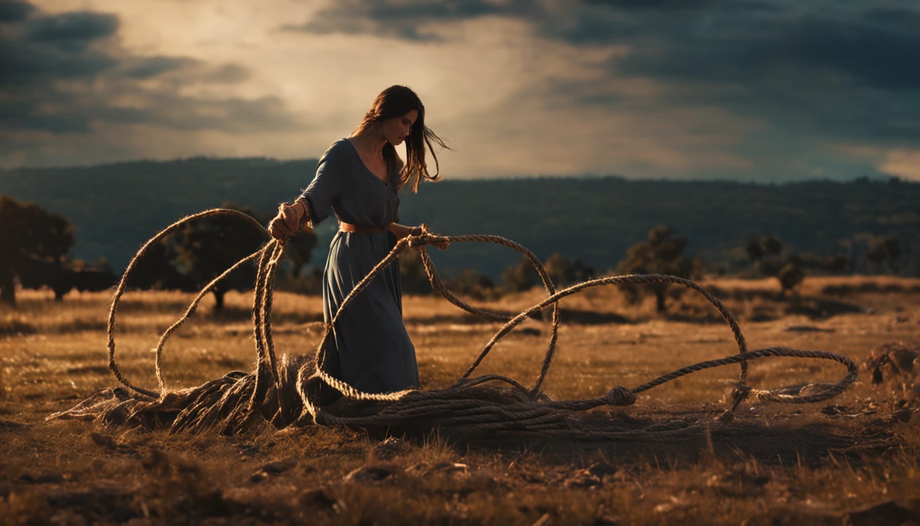 night, farm, a woman is tied with ropes, to a trunk of a tree