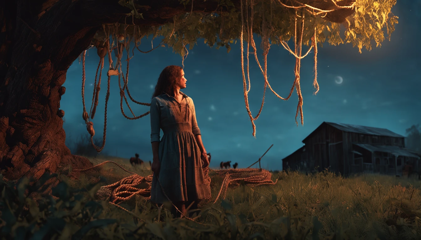 night, farm, a woman is tied with ropes, to a trunk of a tree