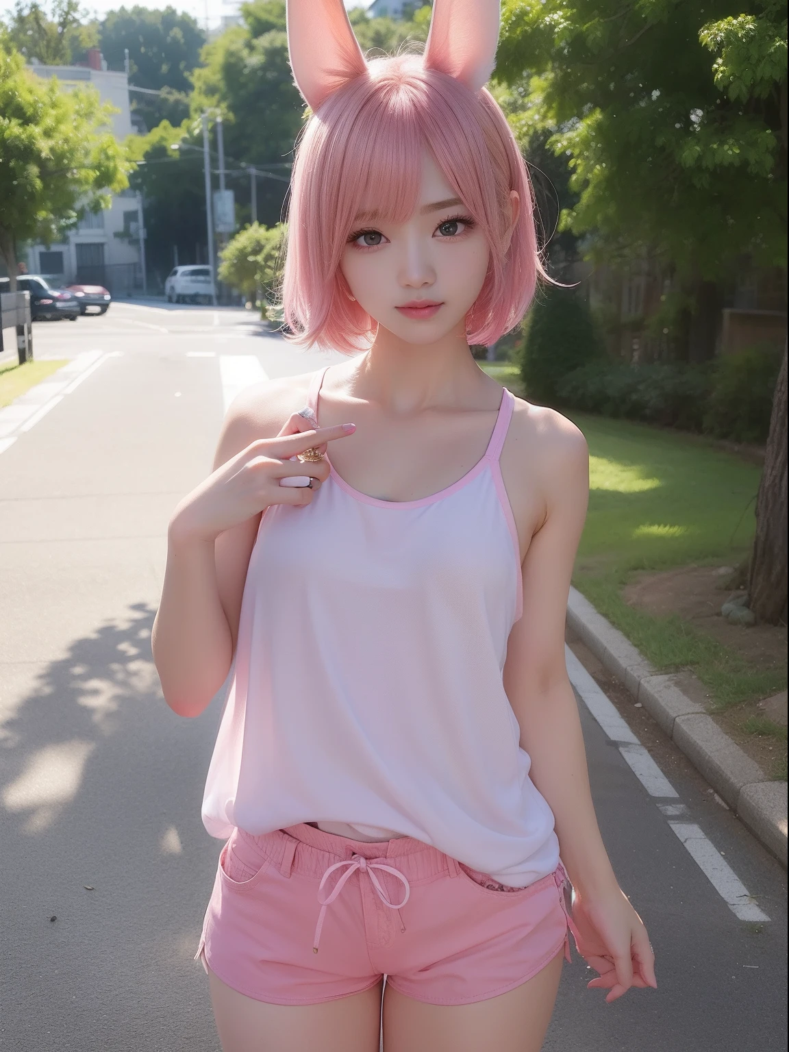 (bottomless :1.3),(Pink Hair :1.3),Studio Light, Depth of written boundary, thin, cute顔, smile, Beautiful details in the eyes, 19 year old Japanese, cute, voluminous curled hair, Plaza, casual