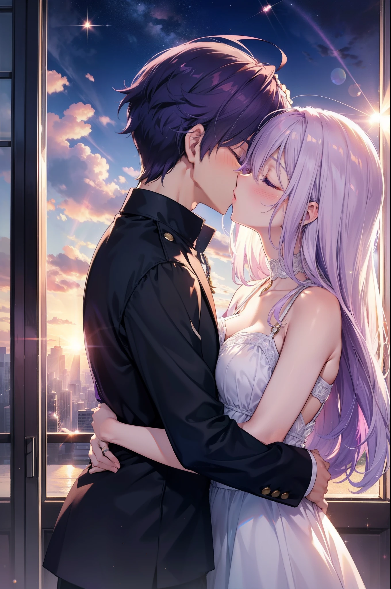 1boy, purple hair,1girl, white hair, blush, breasts, closed eyes, cloud, diffraction spikes, hetero, hug, kiss, lens flare, light rays, long hair,((hair ring)), sky, sparkle, sun, sunbeam, sunlight, sunrise, sunset