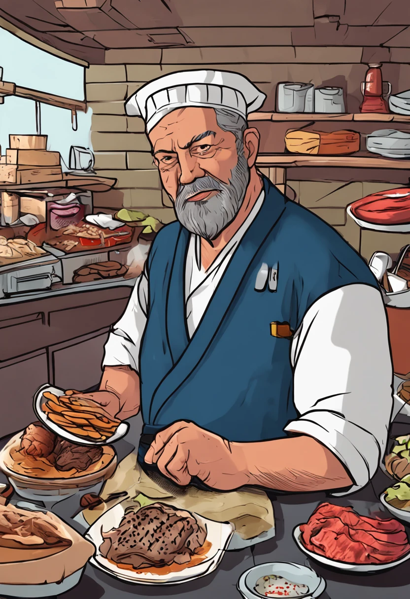 Homem 66 anos, Ultra-realistic variations, He held a kitchen knife intently，Corte uma carne grande inteira，The big guy is completely on the table，Dark blue Japanese chef costume，barba，Short hair division，maduro，Look directly at the camera，