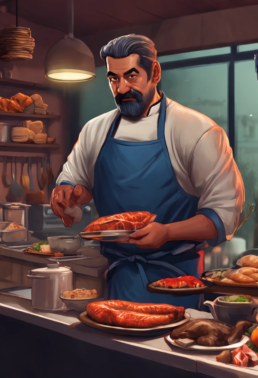 Homem 66 anos, Ultra-realistic variations, He held a kitchen knife intently,Corte uma carne grande inteira,The big guy is completely on the table,Dark blue Japanese chef costume,barba,Short hair division,maduro,Look directly at the camera,