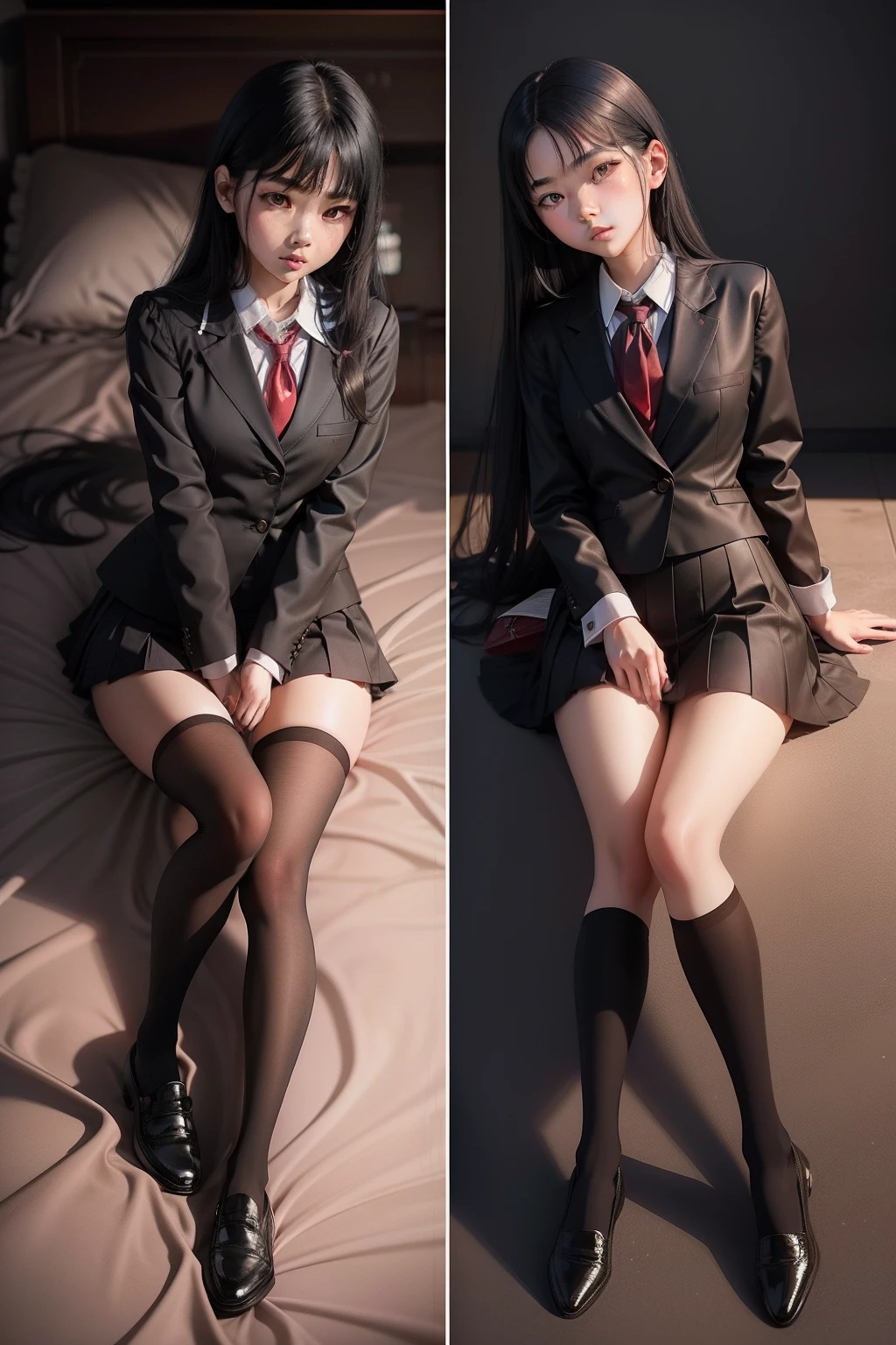 schoolgirls,18 to 20 years old,with fair skin,Small cherry bites,Long straight black hair,Whole body diagram,JK school uniform,The legs are dressed in black silk,Small leather shoes