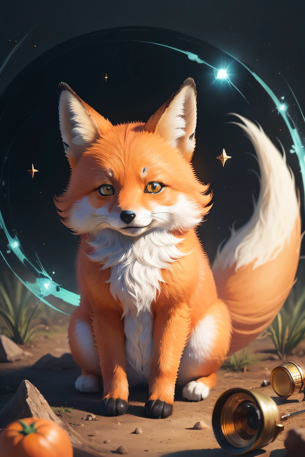 Handmade painting of a small orange fox in the center of the image with deep and friendly look, fundo branco, Magical elements around the fox, looking the camera, Colouring, magia, breath-taking