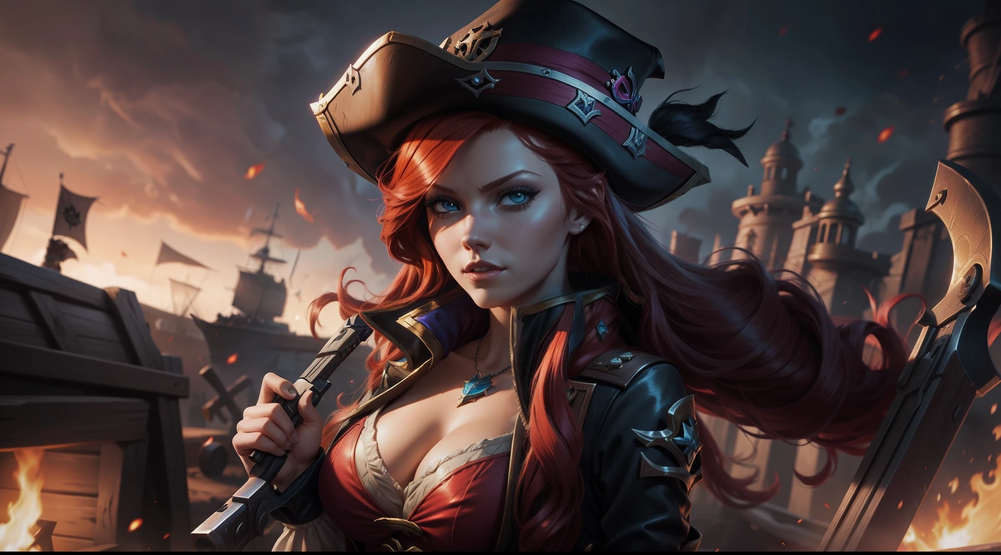 Miss Fortune from League of Legends, red-haired pirate in a hat. musketeer holding gun, Riot games splash art, one girl
