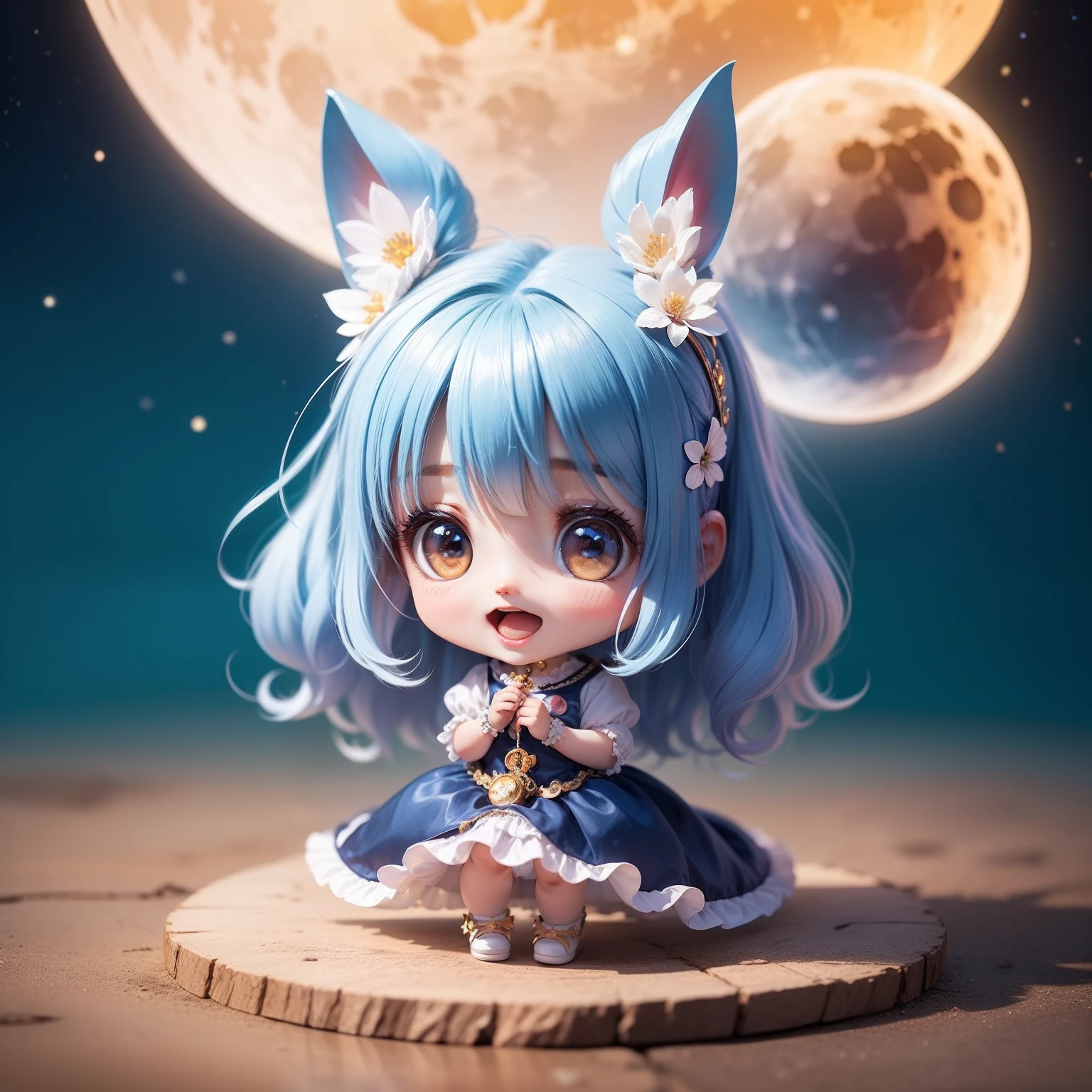 Cute Chibi Anime,(((Super masterpiece、top-quality、ultra-detailliert、女の子1人、Chibi:1.5))、Costumes reminiscent of the galaxy、Opens mouth and laughs、The background is a fairytale country、(Super Blue Moon:1.2)