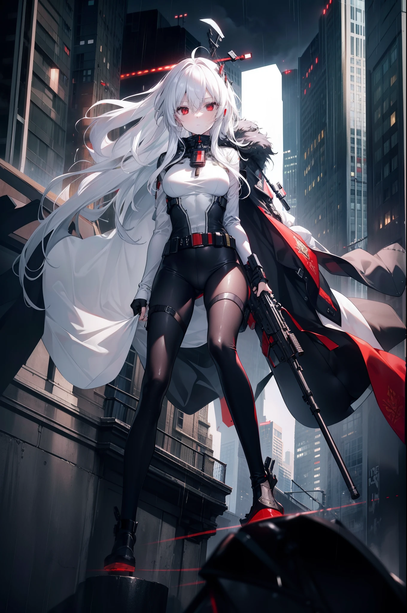 masterpiece,(bestquality),highlydetailed,ultra-detailed,pale,red eyes,white hair:1, sniper rifle,black bodysuit,medium bust,high and cold expression, belt wrapping, dagger decoration, on top of a skyscraper, rainy and cloudy.