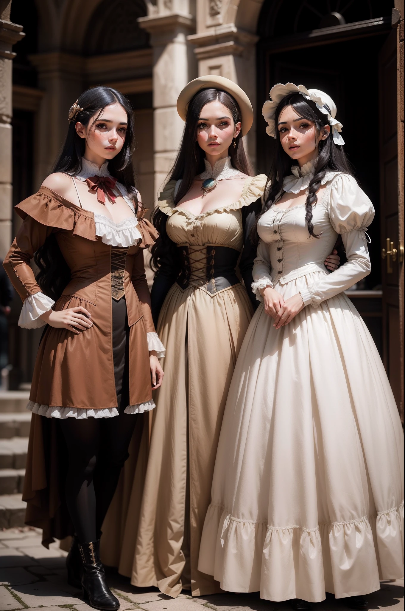 three people dressed in epOca costumes posing for a photo, inspirado em Francesco Hayez, publicity cosplay, em vestido steampunk detalhado, vestido com roupa de rua antiga, #Oc, # Oc, fantasy photoshoot, Tirado com Canon 5D MK4, Roupa aberta v peito, Tiro na Canon EOS R5, Tiro na Canon EOS R 5