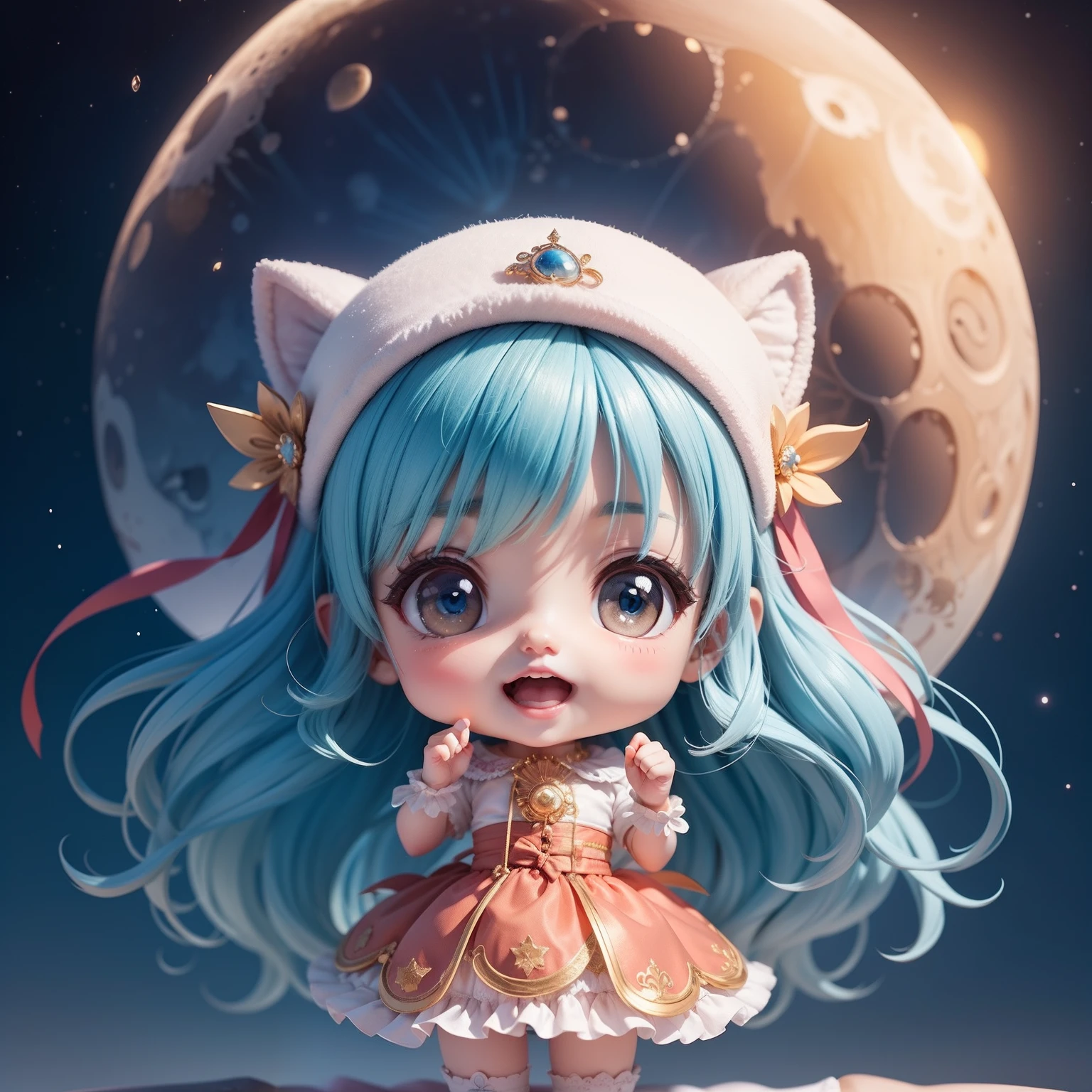 Cute  Chibi Anime,（（（Super masterpiece、top-quality、ultra-detailliert、女の子1人、Chibi：1.5））、Costumes reminiscent of the galaxy、Opens mouth and laughs、The background is a fairytale country、(Super Blue Moon:1.2)