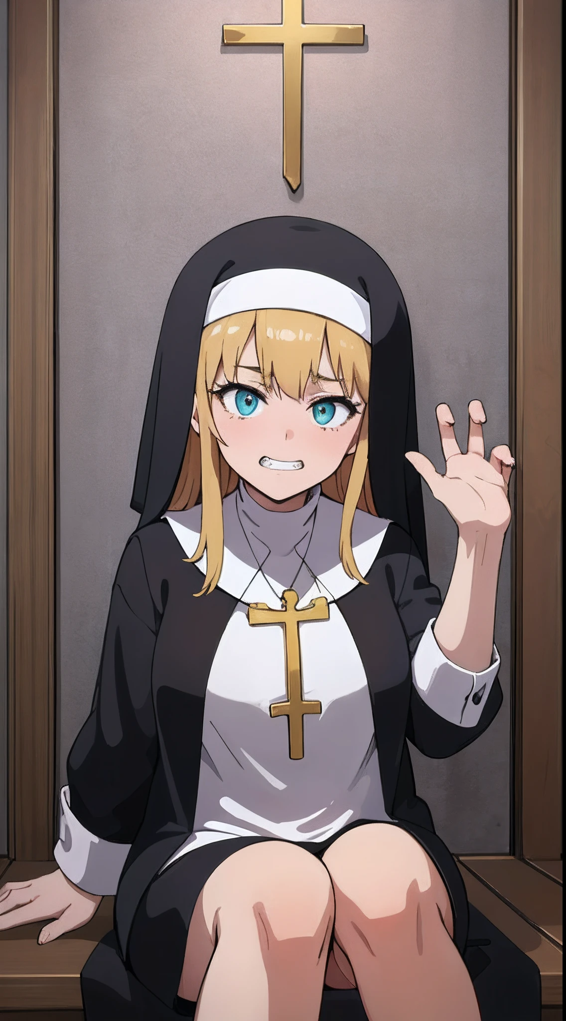 (One teenage nun girl) Purple nun robe with a golden cross around her neck. Cyan eyes. blonde woman, a plump body. Sweet calm face. Sly grin. Lowered gaze. Against the backdrop of a gloomy church hall in the dark.