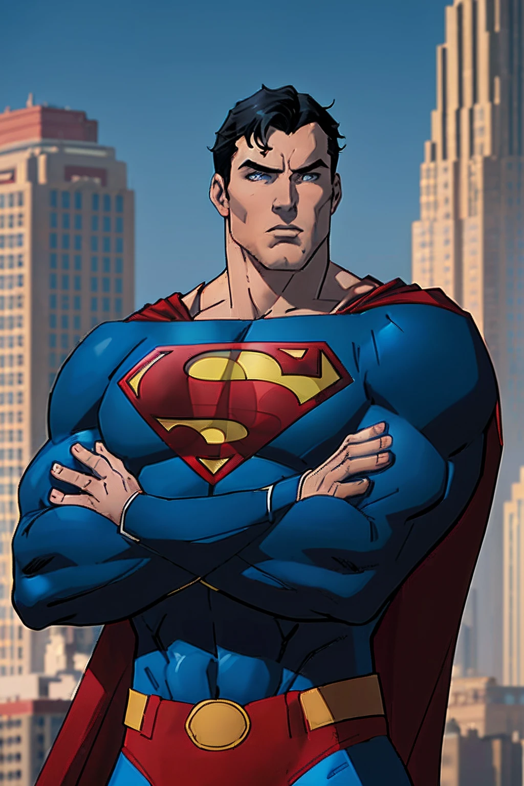 1boy, superman, abs, bara, black hair, blue bodysuit, blue eyes, bodysuit, cape, closed mouth, crossed arms, large pectorals, male focus, muscular, muscular male, pectoral lift, pectorals, red cape, short hair, outdoors, skyscrapers, solo, superhero, upper body , ((masterpiece))