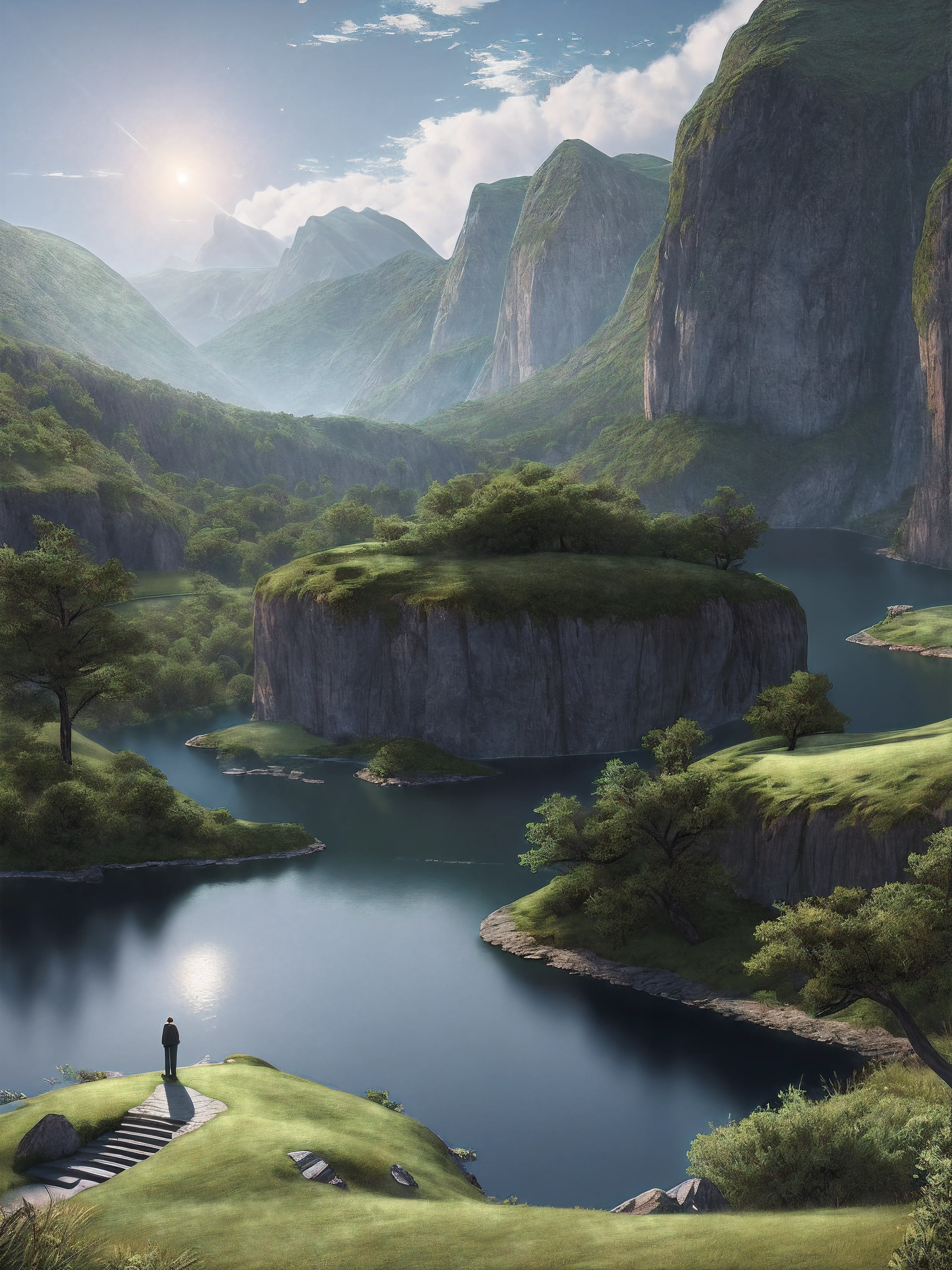 A peaceful place, very pleasant, aesthetic, calm, scenic. photorealistic, 8k uhd, studio quality, ultra realistic, max detail, massive scale, post-processing, realistic, photorealism, photoshop, photography, detailed, cinematic lighting, landscape, panoramic, landscape, raytracing, cinema4d