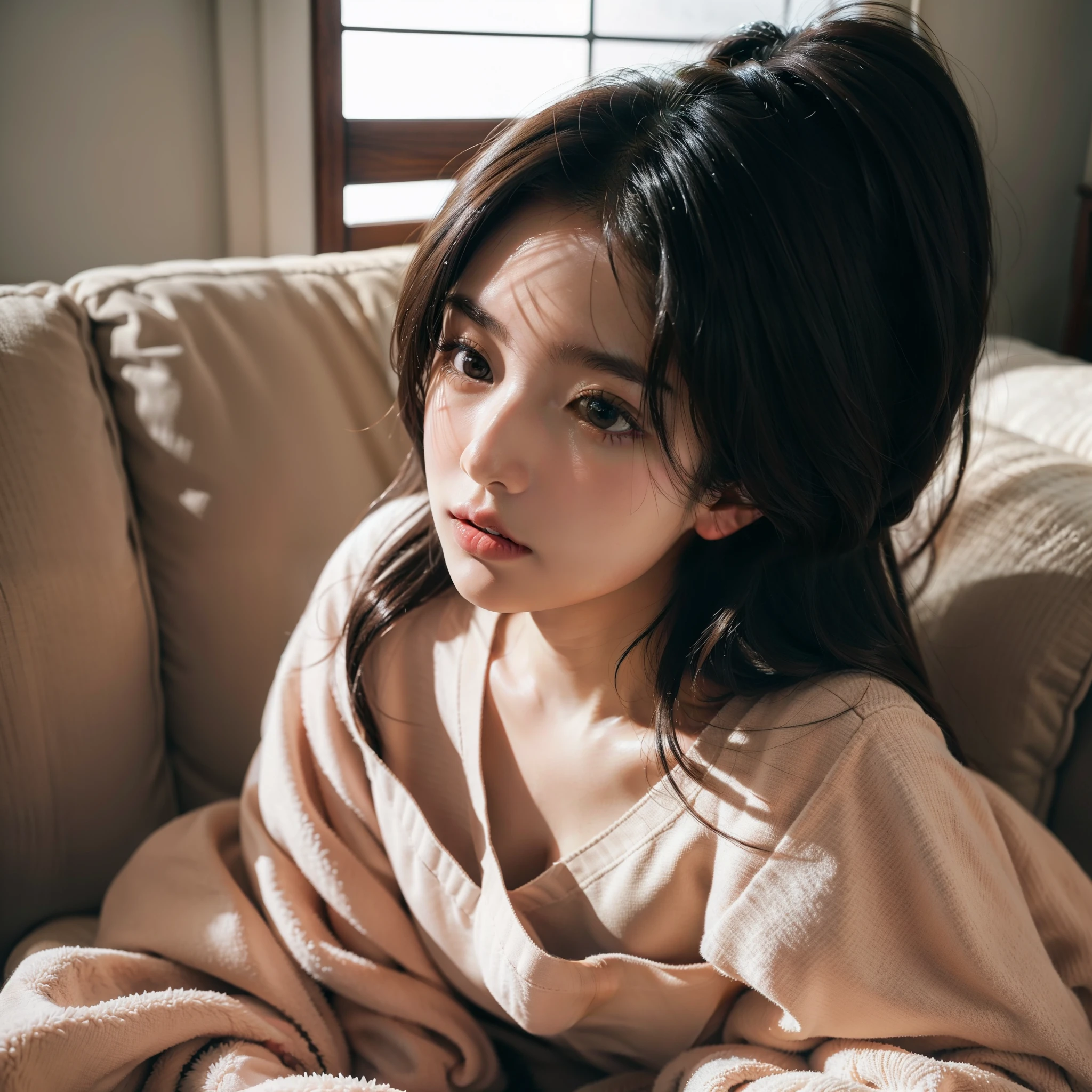 Soft portrait shot sitting on sofa with blanket 8 k, Soft lighting, Beautiful young Japan woman, Gorgeous young Japan woman, a japanese girl, Portrait of female Japan idols, beautiful japanese female, Beautiful Asian Girl, Young adorable Japan face, beautiful soft lighting, Sony α 7 captured by III., Young Asian Girl，bob