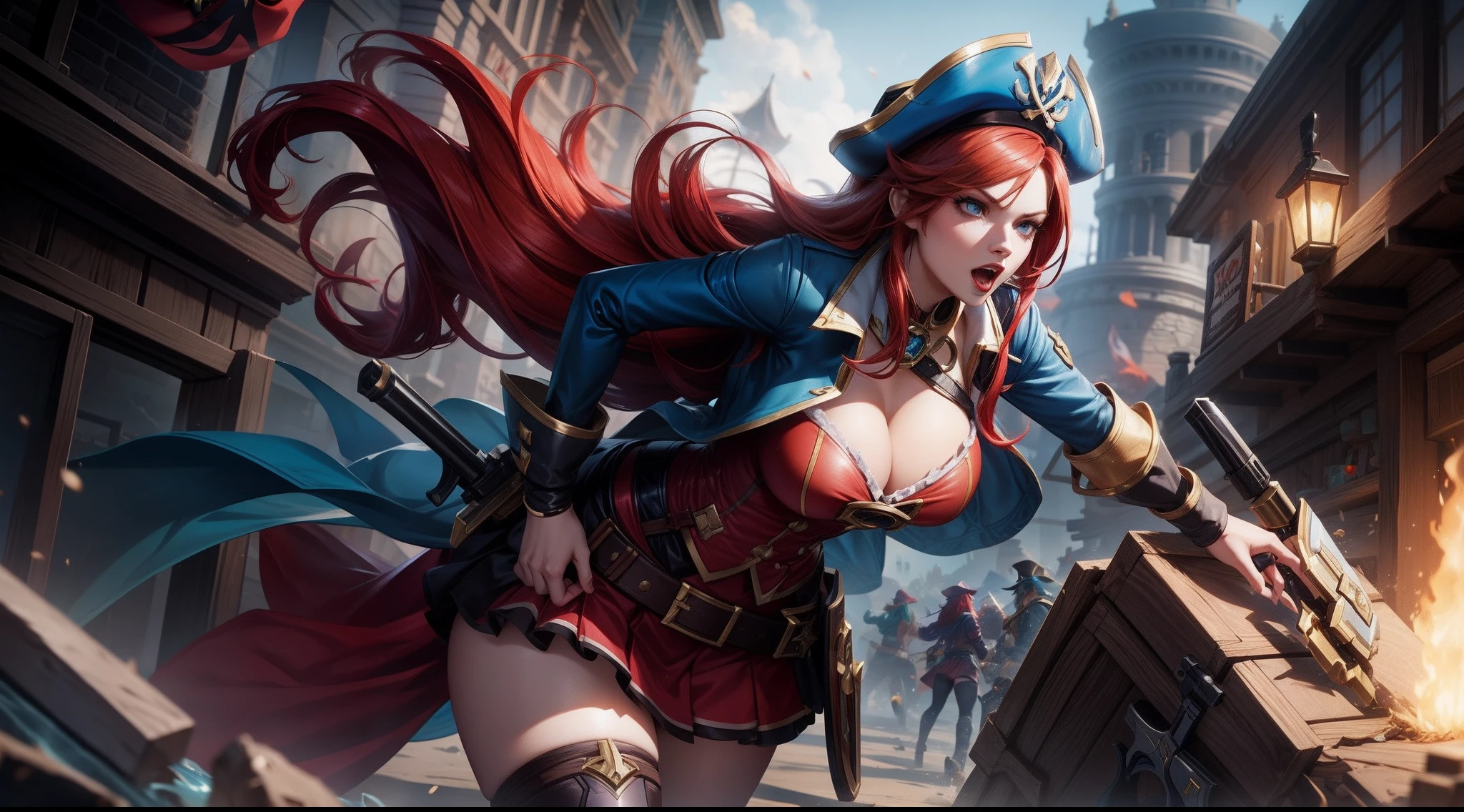 Miss Fortune from League of Legends, red-haired pirate in a hat. musketeer holding gun, Riot games splash art, one girl