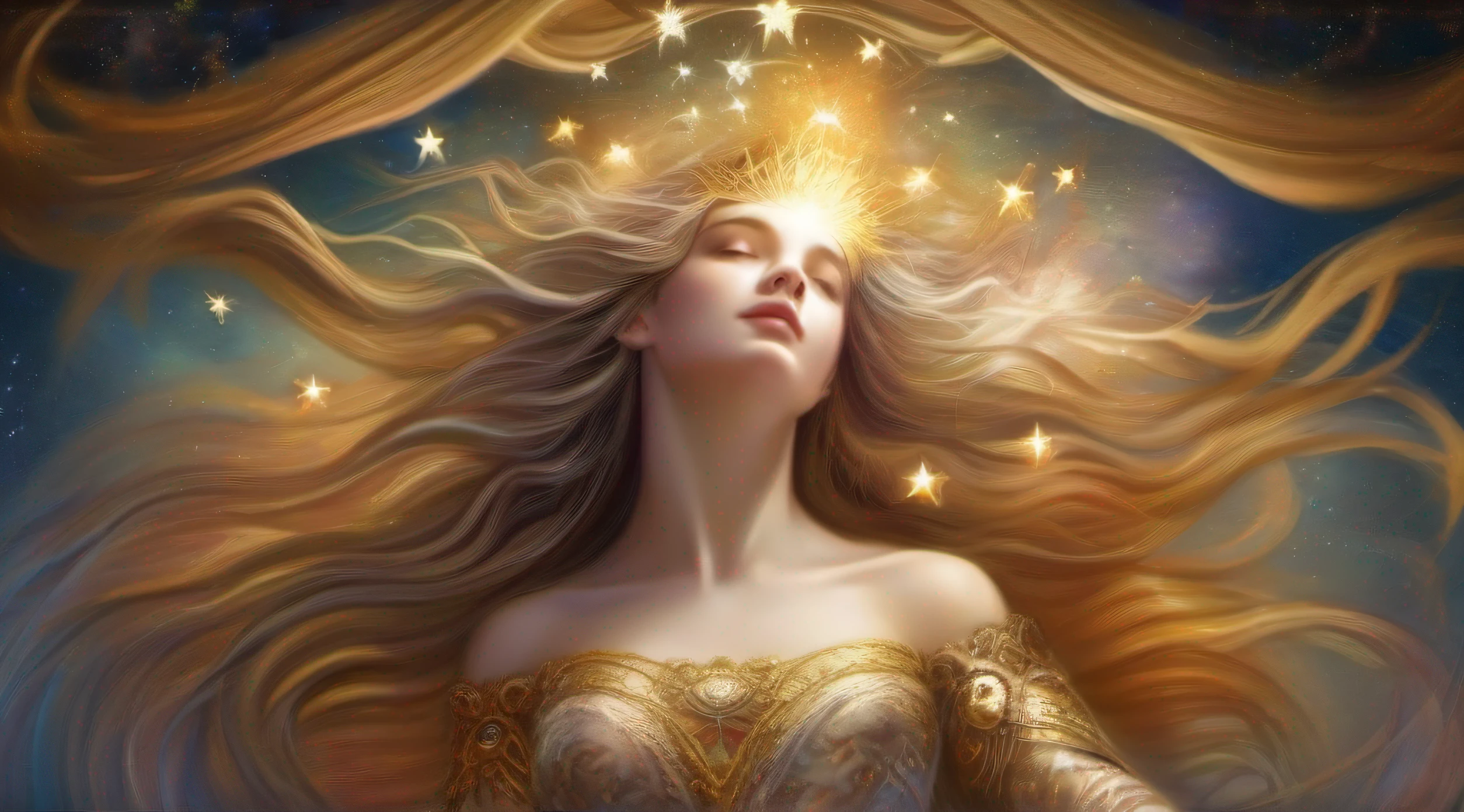 Lysandra, a Deusa da Sabedoria e Magia, He is a divine figure of intellect and charm. His appearance combines grace and wisdom in one remarkable image:
She has pale, ethereal skin, parecendo iluminada por uma luz interior de conhecimento. His eyes are deep and transparent, with irises that appear to contain twinkling stars, symbolizing your understanding of the secrets of the cosmos.
Cabelos longos e prateados como a luz da lua caem sobre seus ombros, ondulando como fios de seda. Eles salpicados com delicadas estrelas que piscam em resposta aos seus pensamentos.
Vestida em um manto de cores cambiantes, que se transforma conforme seu humor e as magias que conjura, Lysandra carrega uma aura de serenidade e poder, emanating the feeling that she understands the deepest secrets of the universe.