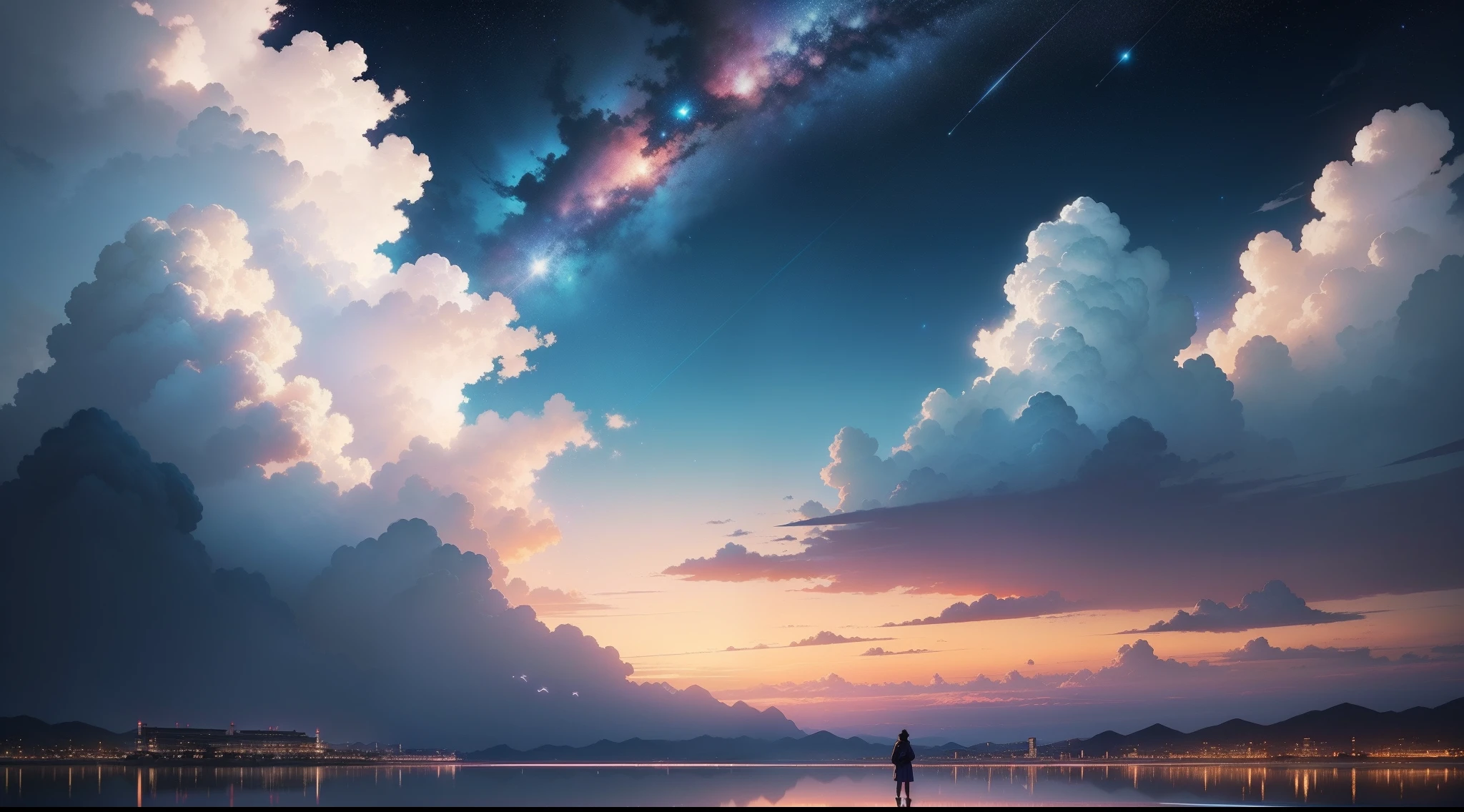 No people、There is a picture of the sky，There are clouds and stars，Space sky。Authors：Shinkai sincerely、Anime Sky、Anime Cloud、Blue Ocean。Shinkai sincerely，style of makoto shinkai，style of makoto shinkai，Lost Land。Inspired by landscape backgrounds，Shinkai sincerely，Shinkai sincerely。- H 2160，夏天，Makoto Shinkai Concept Art，Tumbler，magic realism，Beautiful anime scenes，Beautiful sky。Shinkai sincerely，（By Shinkai Makoto）），Anime Background Art，anime backgrounds，style of makoto shinkai，anime movie background，mare，no man、shooting stars、The sky looked up、