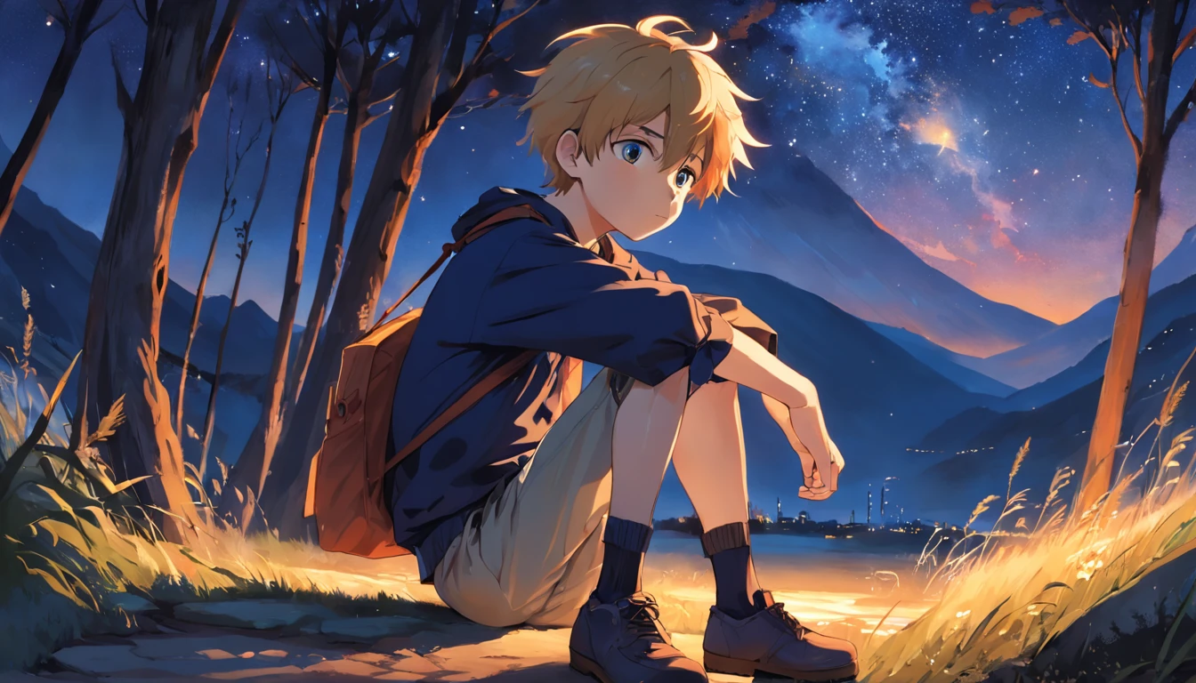 (an adventurous peasant boy, com semblante triste) e (uma jovem camponesa), usando sapatos, Em uma loja, estilo anime, estilo da capa do livro, the sunset as the day gives way to the night, A starry sky begins to rise above , imagem circundante