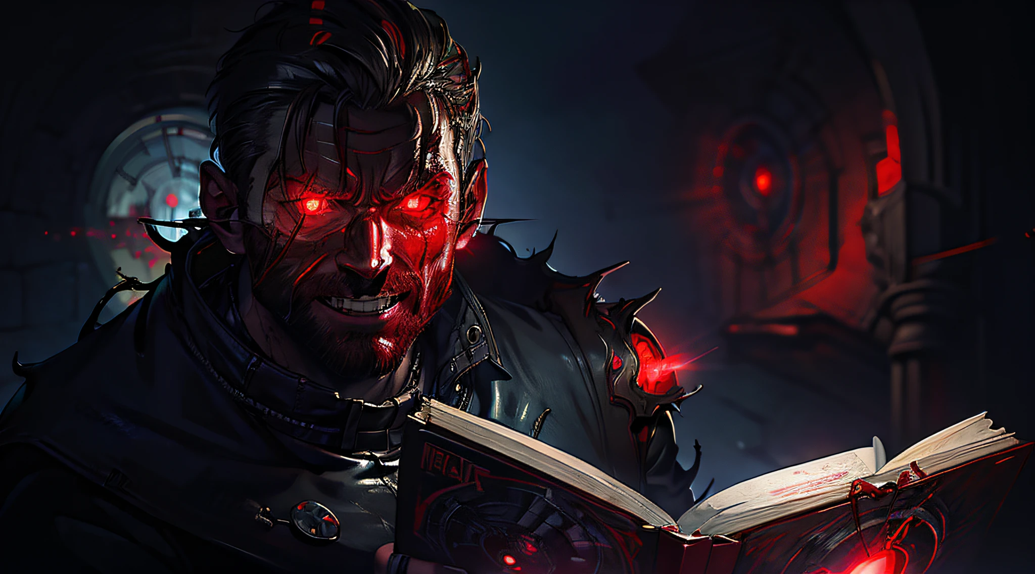 Man with a book and a bloodied face reading a book, with red glowing eyes, with glowing red eyes, Dark but detailed digital artwork, Unreal muscular male undead cyborg 5. rpg portrait, cyberpunk dark fantasy artwork, smile evil and glowing eyes, photorealistic dark concept art, cyberpunk horror style