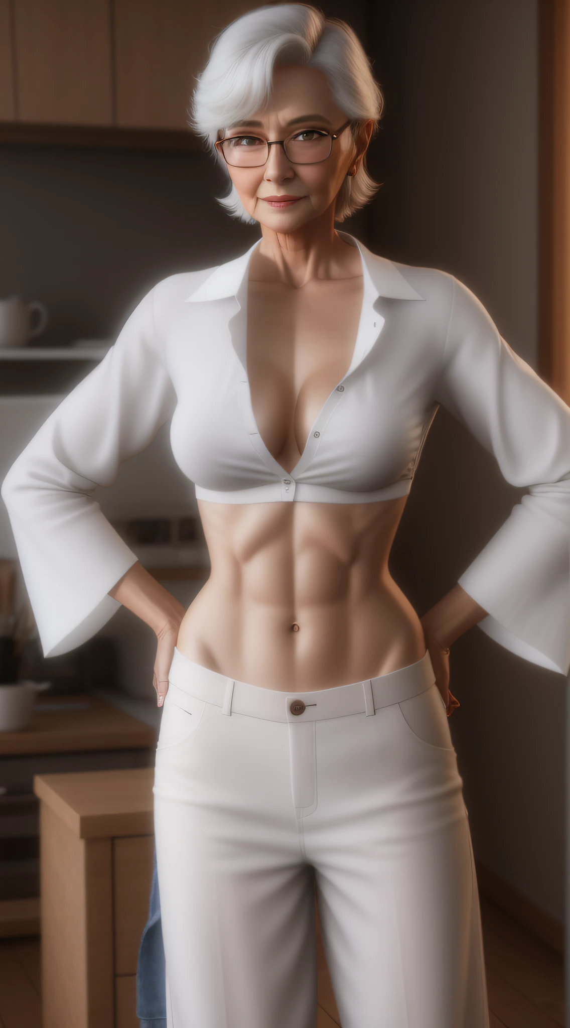 elderly older nerdy lady in a skimpy midriff-shirt and low-rise pants faces to you , 3 d render of a full granny body , unbuttoned unglued succinct crop shirt , photorealistic older female normal body , bare belly , tummy with a little bit of flab , feminine and brazen , severe chastener woman , unbuttoned clothes , sexy , enjoys her fresh flesh , realistic elderly female normal body