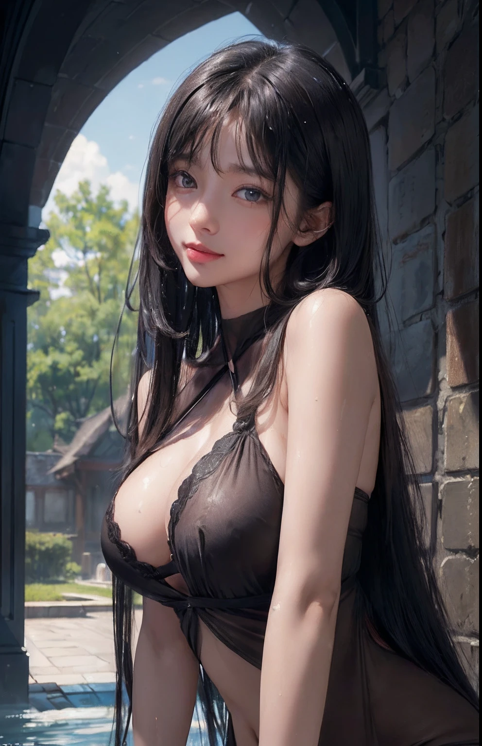 (A hyper-realistic)、(illustratio)、(hight resolution)、(8K)、(ighly detailed)、(Best Illustration)、(beautifully detailed eyes)、(top-quality)、(ultra-detailliert)、(​masterpiece)、(wall-paper）、（A detailed face）、独奏、1 girl in、looking at viewert、fine detailed、A detailed face、in the darkness nigth、deep-shadows、lowkey、pureerosfaceace_v1、A smile、long、Black shawl straight hair、46-point diagonal bangs、White See-Through Halter Neck Bondage 、Wet hair、Wet skin、Navel Ejection、Back、Skin shearing machine、Hair spreads、See-through stole on shoulder、Semi-long hair.all-fours、Open your mouth、put out the tongue、