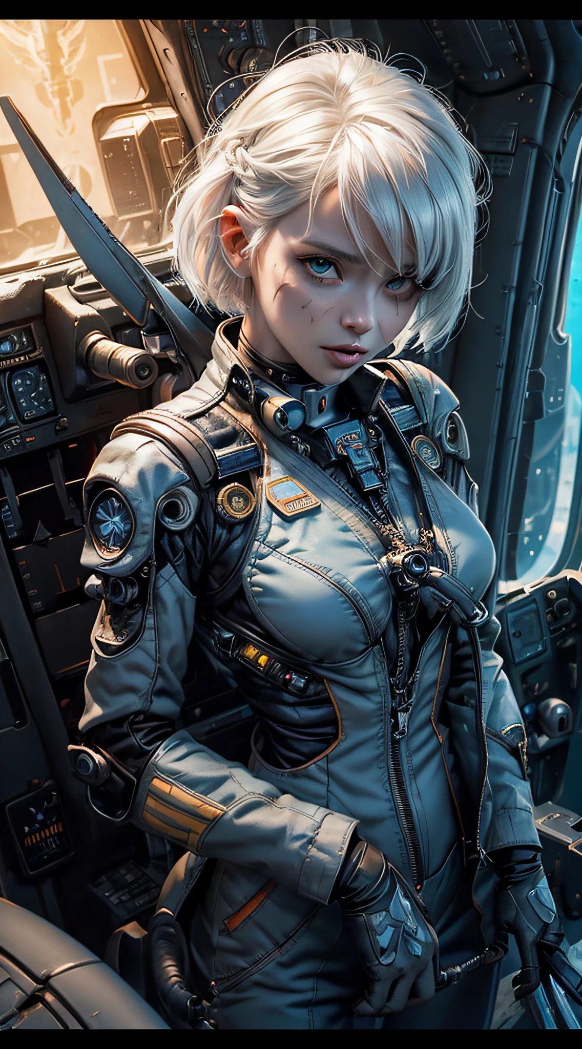 Realistic,flying machine,mecha,cable,plane,solo,1 girl,a Mecha Wasp plane,piloted by 1 female pilot. The plane has a detailed mechanical structure,clear mechanical wings,glowing wings,glow,Blue flame,yellow and white mechs,The characters are all in the cockpit,high quality,realistic,high resolution,using Unreal Engine,3D rendering,Zbrush,science fiction,robots,flying in caves,ready to reveal the true colors of ZergGirl,beautiful,dressed,many details,((Short white hair)),((Future), scars on my face, disfigured face, scars above my eyebrow, girl, (((Wave hair)), HD, more details, beauty is in the details, (((Pilot clothes)), (pilot girl),