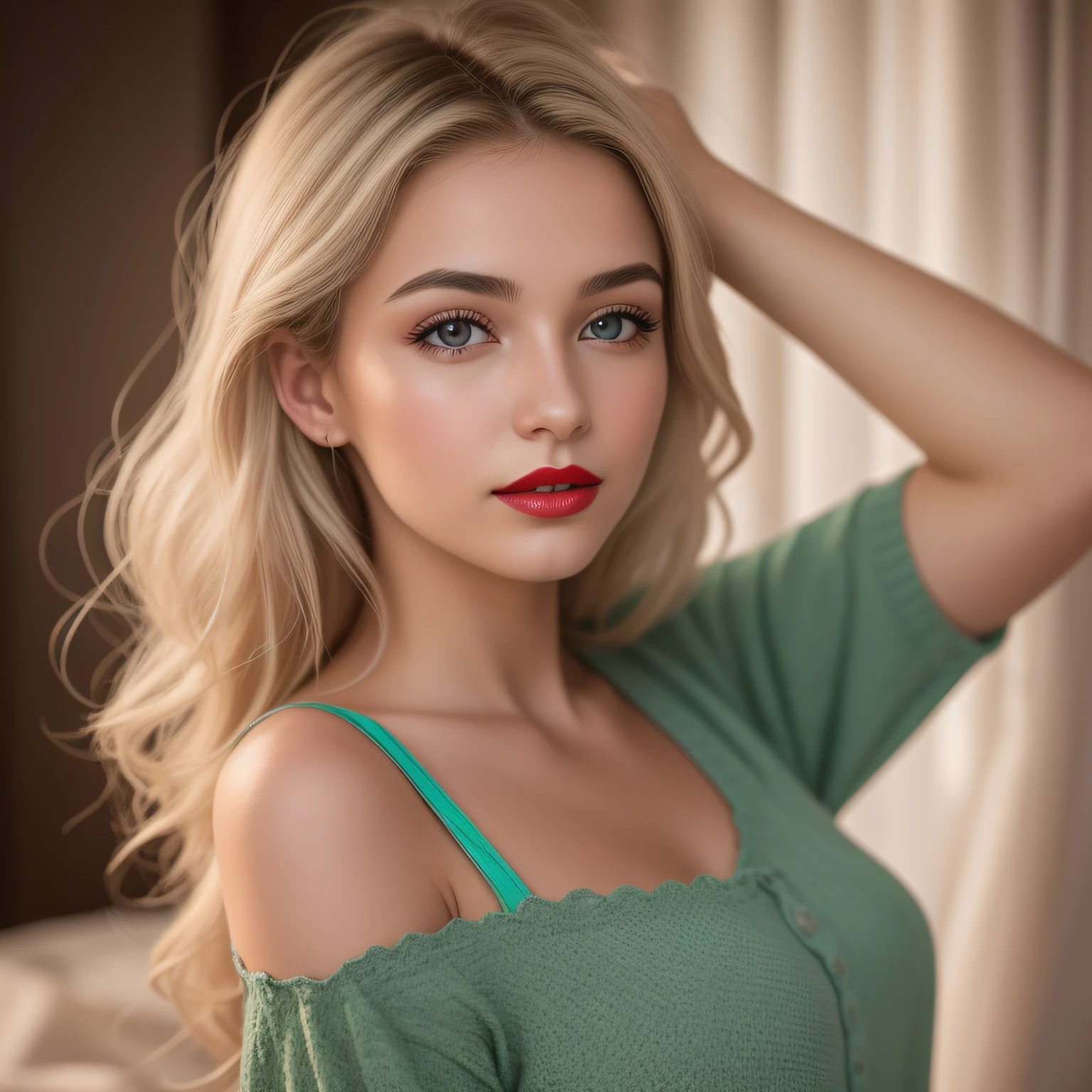 Une jeune et belle femme, blonde hair that gently falls in waves up to the shoulders, Taille moyenne, grands yeux verts, Peaux claires, Elle est en pyjama, Elle est dans son lit, Faire des soins capillaires avant de se coucher, The environment is illuminated by warm and pleasant colored lights that make your hair shine, Son visage est naturellement serein, lips with red lipstick, Texture 8K, highly detailed, Realstic, soft cinematic light, Hdr, Mise au point nette, tmasterpiece, FotorRealstic, award-winning photograph, Canon EOS R5, 35 mm