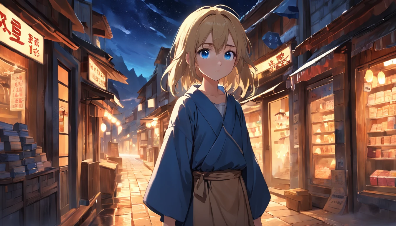 masterpiece, best quality, peasant boy, adventurer, dark brown hair, light brown eyes, sad and young peasant girl, blonde, blue eyes, in a shop, wearing shoes, anime style, book cover style, sunset gives place at night, a starry sky above, immersive image