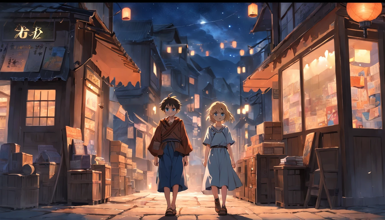 masterpiece, best quality, peasant boy, adventurer, dark brown hair, light brown eyes, sad and young peasant girl, blonde, blue eyes, in a shop, wearing shoes, anime style, book cover style, sunset gives place at night, a starry sky above, immersive image