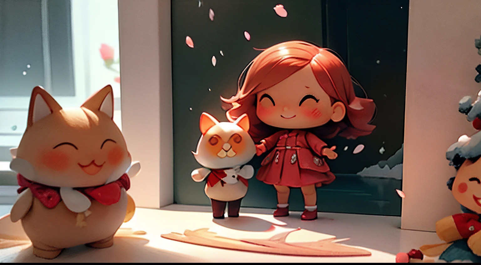 photoRealstic、Doll standing in front of the painting、bionde、laugh face、Water droplets on the cheeks、Sengai、pixiv、rokoko、dollfie dream、watercolor Nendoroid、(High Definition Figure)、flowing sakura-colored silk、nendroid、bustup、Cherry blossom petals、Flowing cherry blossom silk、season!!: 🌸 ☀ 🍂 ❄