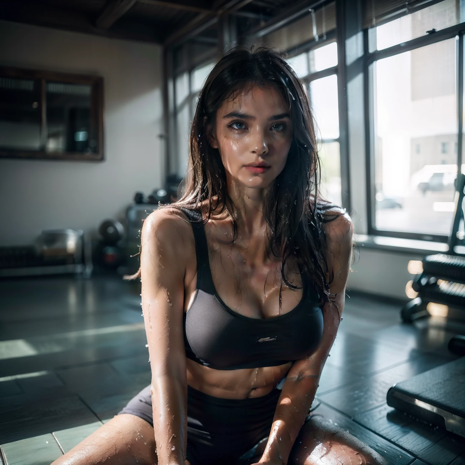 Fitness girls、Cute Baby Turtle、hentail realism, 8K, 1girl in, cyan pupils, mole under the eye, Toned abs、Beautuful Women、Colossal tits:1.3、Beachy、true to life、8K、Russian girls、Wear a bikini、(perspired)、((Woman working out in gym))、((Wet hair))、(Erotic face)、Toned Thighs、com rosto detalhado、Detailed lips、A detailed eye、Long hair、Refreshing eyes、Kneeling，opening legs，Hands touch thighs，Lick your fingers，（Erotic pose），(cinematic_light, cinematic_shadows, bokeh, depth of field:1.2),, natural skin texture,