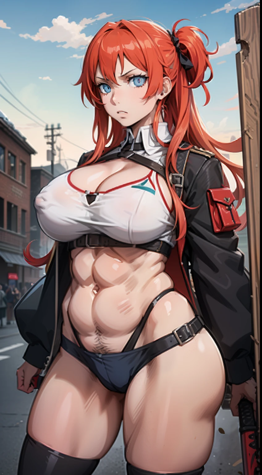 Gros seins. scars, yeux red. cheveux scarlet. crop top, muscles, war clothes. Wild and warrior girl. The weapon is an axe. savagebanime girl. Cheveux longs. Yeux de style anime. Key visual of the anime. Perfect student. seulement. kunaboto