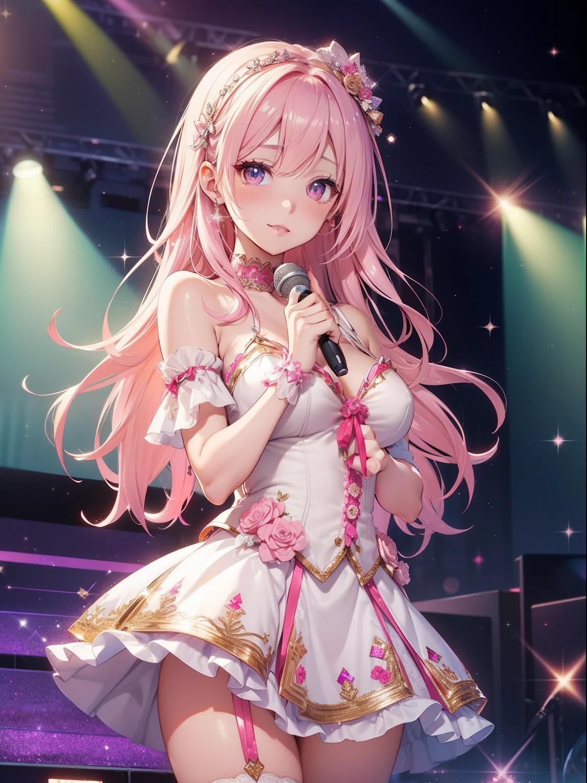 masutepiece, High resolution, 8K, anime woman, Delicate and detailed writing 、Detailed digital illustration、Very long hair and shiny、Bangs、a very beautiful woman、Eyes are double, Large, Bust is D cup、High image quality, High quality、Detailed background、(((Wearing idol clothes)))、((Glittering live stage backdrop))、The inside of the eye shines like a diamond、Light pink hair、Gradient pupil、(((2 arms、4 fingers, 1 thumb)))、Detailed female face、Very beautiful and cute woman、、细致背景、masterpiece、Soft Focus , Bright gradient watercolor , Lens Flare , (((Glitter))) , Glow , Dreamy , (((Holding a glitter microphone in hand)))、a miniskirt、Nothing at hand、Idol、Pink ribbon、Very beautiful red rose hair accessories、Costumes in pink and gold、White is the main costume