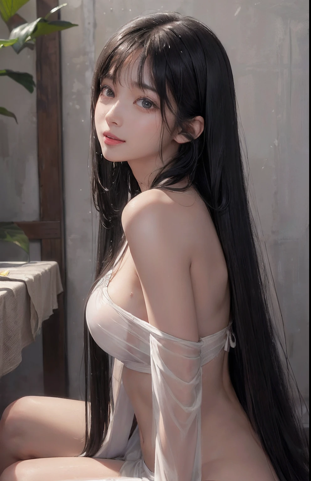 (A hyper-realistic)、(illustratio)、(hight resolution)、(8K)、(ighly detailed)、(Best Illustration)、(beautifully detailed eyes)、(top-quality)、(ultra-detailliert)、(masterpiece)、(wall-paper)、(A detailed face)、独奏、1 girl in、looking at viewert、fine detailed、A detailed face、in the darkness nigth、deep-shadows、lowkey、pureerosfaceace_v1、A smile、long、Black shawl straight hair、46-point diagonal bangs、White See-Through Halter Neck Bondage 、Wet hair、Wet skin、Navel Ejection、Back、Skin shearing machine、Hair spreads、See-through stole on shoulder、Semi-long hair.all-fours、Open your mouth、put out the tongue、sit a chair、Cross your legs