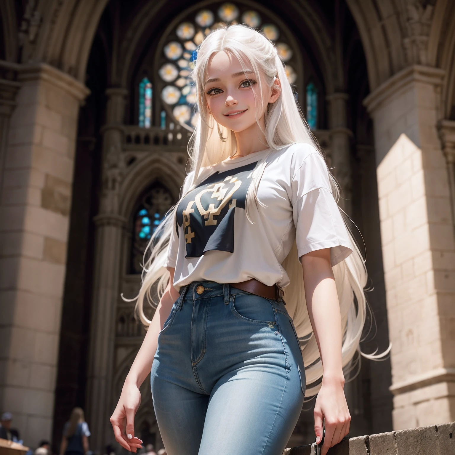 long  white hair，Shirt jeans，teens girl，adorable smile，White skin，of Notre Dame Cathedral