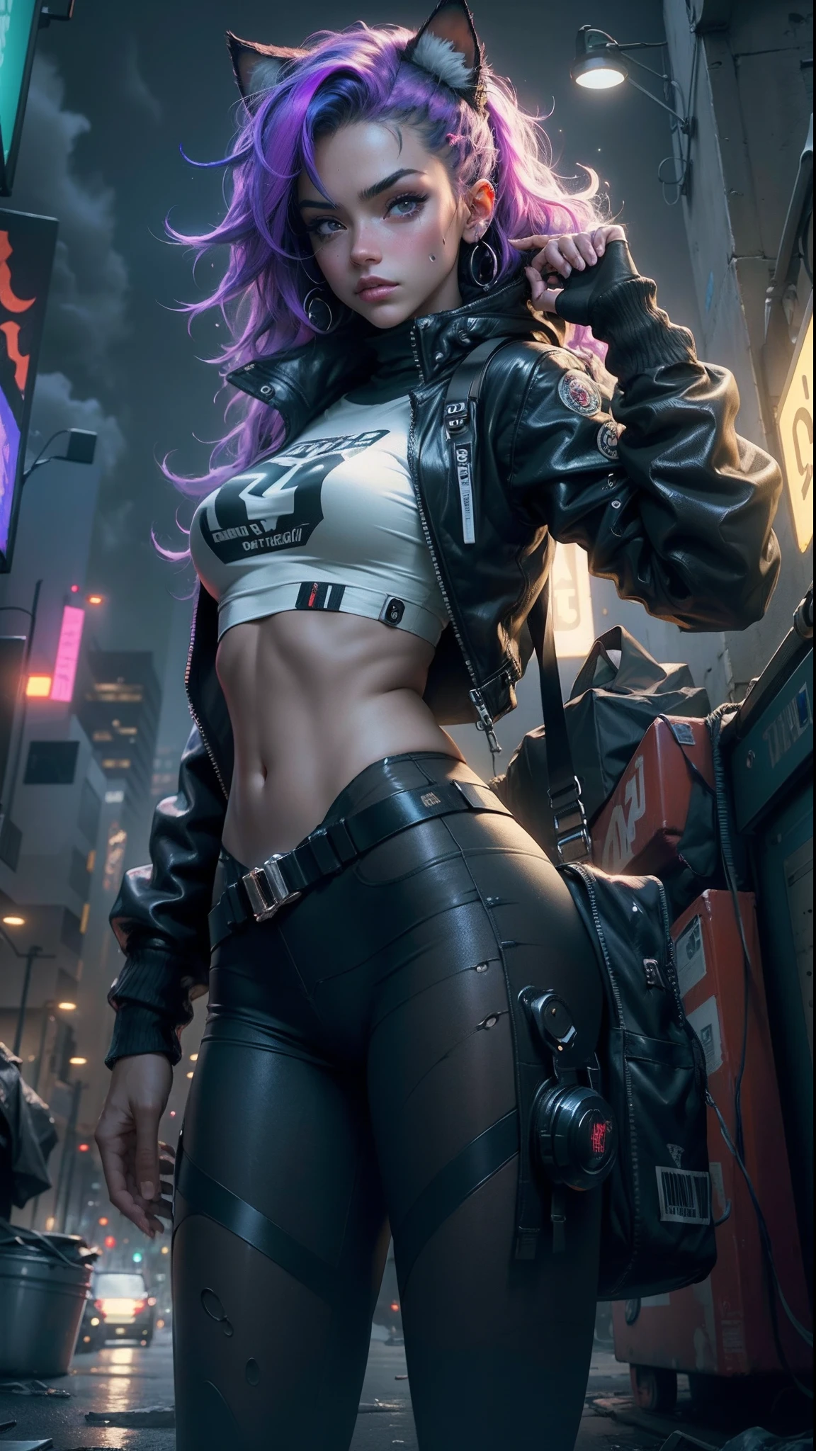 1girl, Eve Ryder,, cyberpunk style, cyberpunk art, fantasy art, bikini, blurry, blurry background, breasts, cleavage, cyberpunk, depth of field, earrings, eyebrow piercing, eyeshadow, jacket, jewelry, makeup, multicolored hair, navel, navel piercing, piercing, shorts, solo, ((small breasts)), high quality eyes, thighhighs (extremely detailed CG unity 8k wallpaper), high detail,