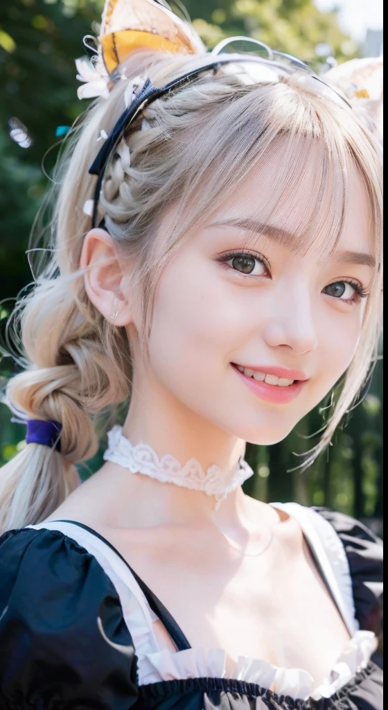 (ultra-detailliert), Cute princess dress in white,(frilly dress),(shortsleeves),Blue eyes,The upper part of the body、a closeup、faces、(A smile:1.5),(facing front:1.2), 20yr old, teens girl,no tail,(no tail),2D, masterpiece, top-quality, Band Group Vocals, a closeup, Stand Microphone, Mouth open, A detailed eye, A detailed face, girl with, Only 1 person,Silver Hair Medium Hair, (Silvery hair), Ear Hair, small tits, Single braid, (Single braid), (Side braid), Pink ribbon, Ribbon around the neck, (White sleeves), Background bokeh