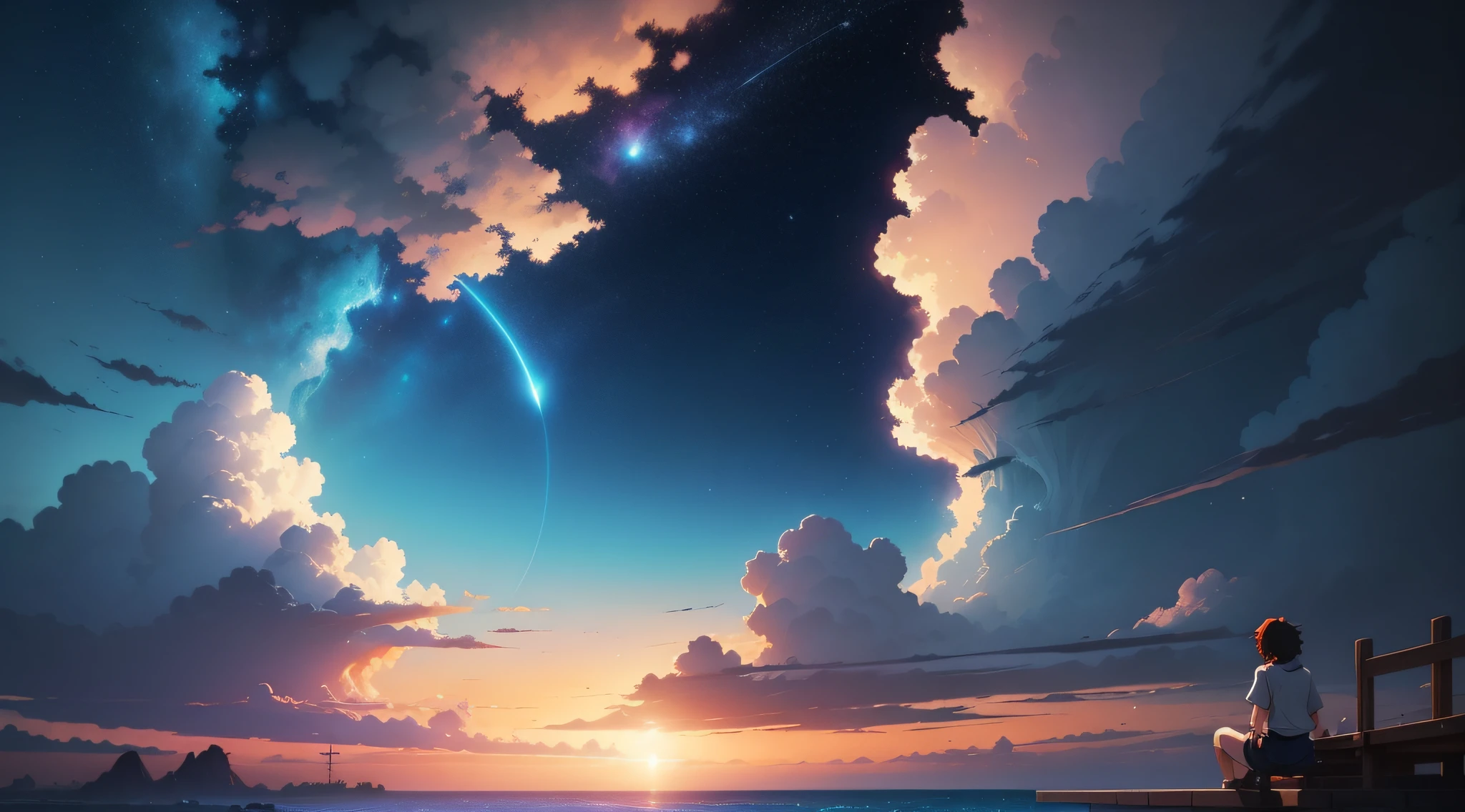 No people、There is a picture of the sky,There are clouds and stars,Space sky。Authors:Shinkai sincerely、Anime Sky、Anime Cloud、Blue Ocean。Shinkai sincerely,style of makoto shinkai,style of makoto shinkai,Lost Land。Inspired by landscape backgrounds,Shinkai sincerely,Shinkai sincerely。- H 2160,夏天,Makoto Shinkai Concept Art,Tumbler,magic realism,Beautiful anime scenes,Beautiful sky。Shinkai sincerely,(By Shinkai Makoto)),Anime Background Art,anime backgrounds,style of makoto shinkai,anime movie background,mare,no man、shooting stars、