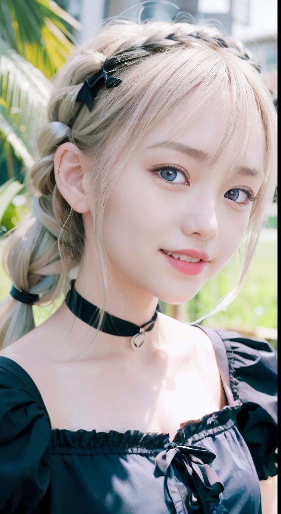 (ultra-detailliert), Frontal Face,head shot, Front view,Cute princess dresses in black color,(frilly dress),(shortsleeves),Blue eyes,The upper part of the body、a closeup、faces、(A smile:1.5),(facing front:1.2), 20yr old, s girl,no tail,(no tail),2D, masterpiece, top-quality, animesque, A detailed eye, A detailed face, girl with, Only 1 person,Silver-haired medium hair, (a blond), Ear Hair, small tits, Single braid, (Single braid), (Side braid), Pink ribbon, Ribbon around the neck, (White sleeves), seaside backgroud