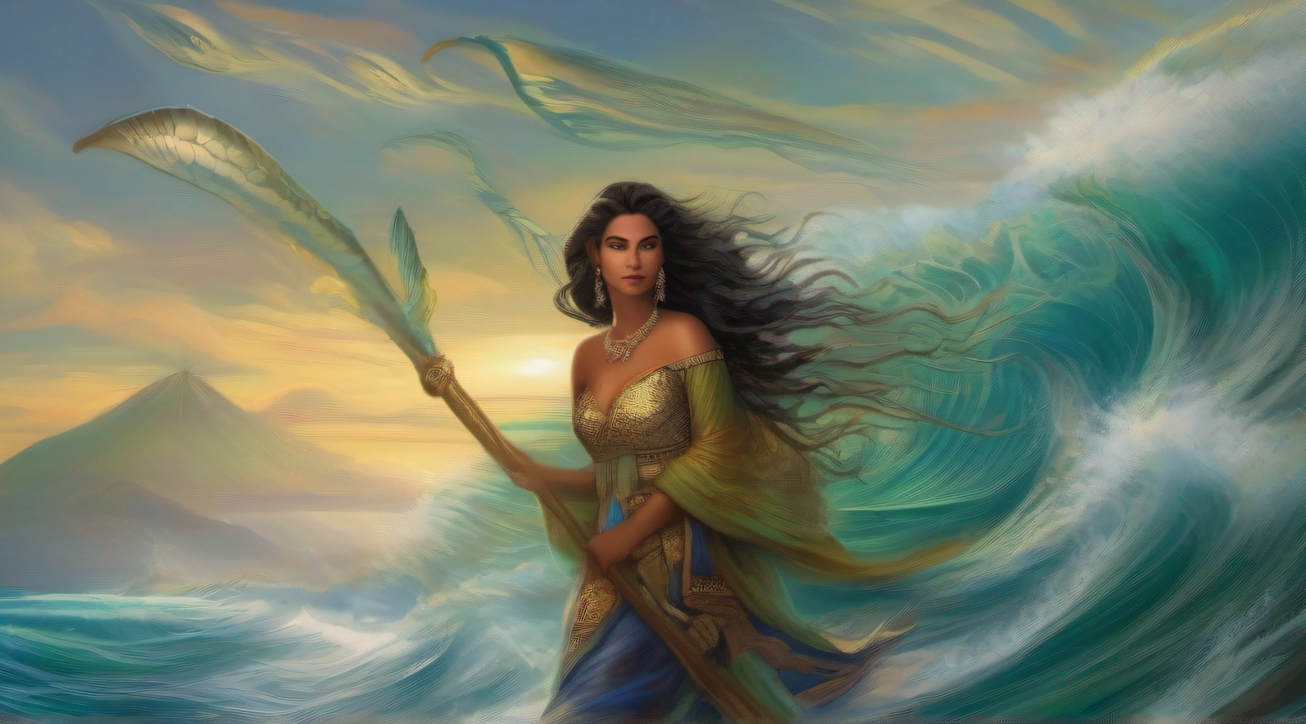 Thalara, a Deusa dos Mares e da Pesca, It is an imagination whose appearance reflects its connection to the oceans and deep waters:
She has a skin of a pale blue hue, that shines like the tranquil waters of a deep lake. His hair is long and flowing like the currents of the ocean, and her blue-green locks are adorned with shimmering shells and pearls.
Thalara's eyes are deep and mesmerizing, do cor do oceano em um dia claro, with an expression that oscillates between the calm of the tranquil waters and the fury of the storms.
She wears a flowing tunic, Woven from seaweed and aquatic silk, que se move como ondas sob a brisa marinha. His mantle is embroidered with marine motifs, como peixes e golfinhos, que ganham vida ao se encontrarem nadando em suas vestes.
In one hand, Thalara segura um tridente reluzente, a powerful representation of his dominance over the mares and oceans. On the other hand, She carries a fishing net intertwined with corals and shells, symbolizing their influence on marine crops.
The presence of Thalara radiates the tranquility of the calm seas and the vitality of the abundant waters. She is the guardian of the oceans, protector of fishermen and a figure revered by all who depend on the waters for sustenance and life.