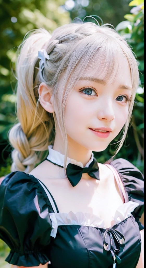 (ultra-detailliert), Frontal Face,head shot, Front view,Cute princess dresses in black color,(frilly dress),(shortsleeves),Blue eyes,The upper part of the body、a closeup、faces、(A smile:1.5),(facing front:1.2), 20yr old, teens girl,no tail,(no tail),2D, masterpiece, top-quality, animesque, A detailed eye, A detailed face, girl with, Only 1 person,Silver-haired medium hair, (a blond), Ear Hair, small tits, Single braid, (Single braid), (Side braid), Pink ribbon, Ribbon around the neck, (White sleeves), seaside backgroud